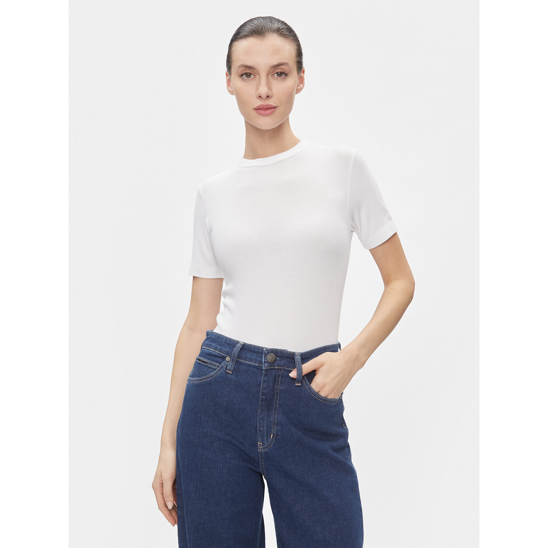 Calvin Klein Тишърт Modal Rib Ss Tee K20K206404 Бял Slim Fit - Pepit.bg