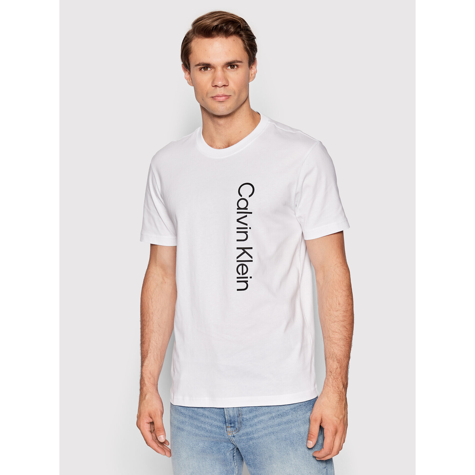 Calvin Klein Тишърт Off Placement Logo K10K109738 Бял Slim Fit - Pepit.bg