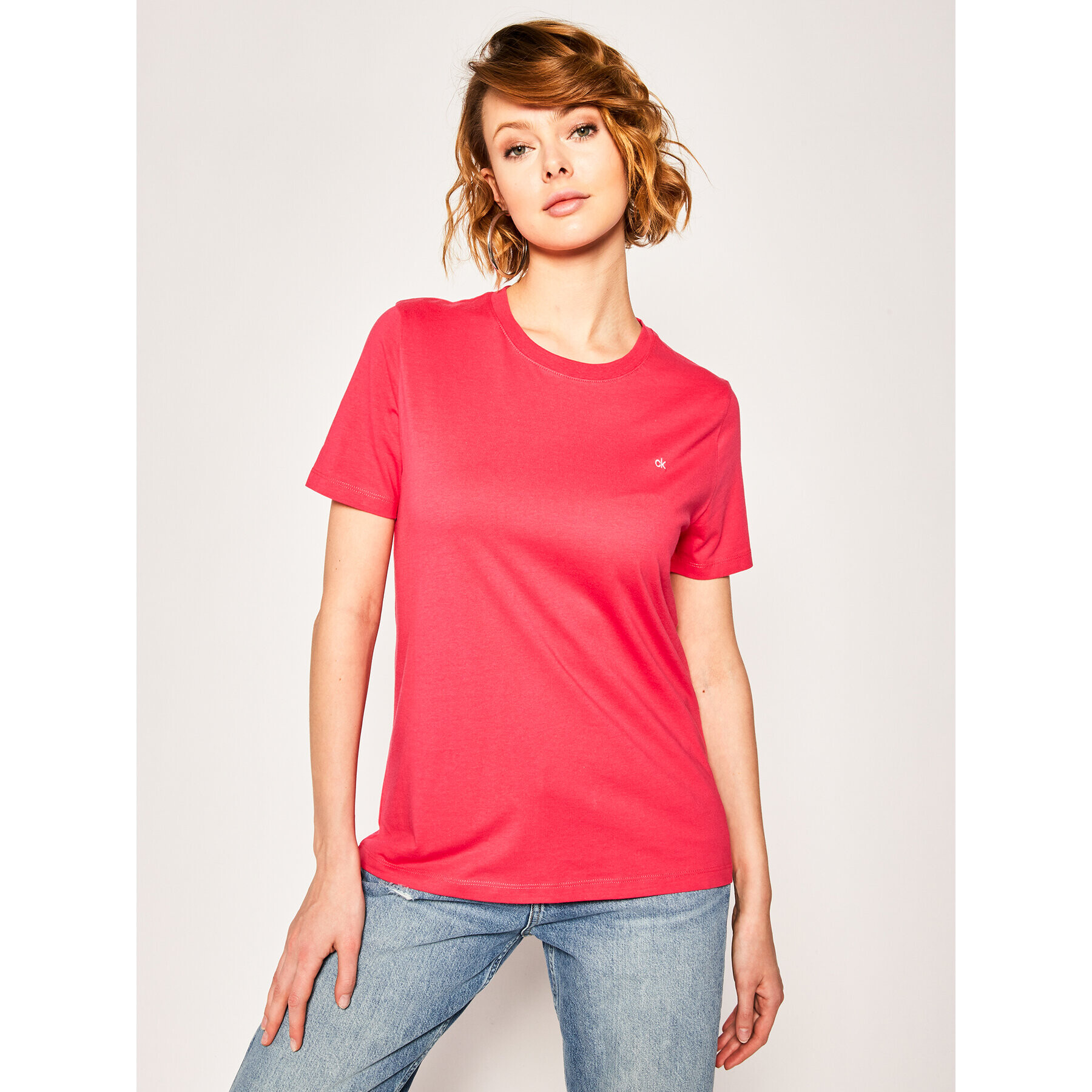 Calvin Klein Тишърт Small Logo Embroidered Tee K20K202021 Розов Regular Fit - Pepit.bg