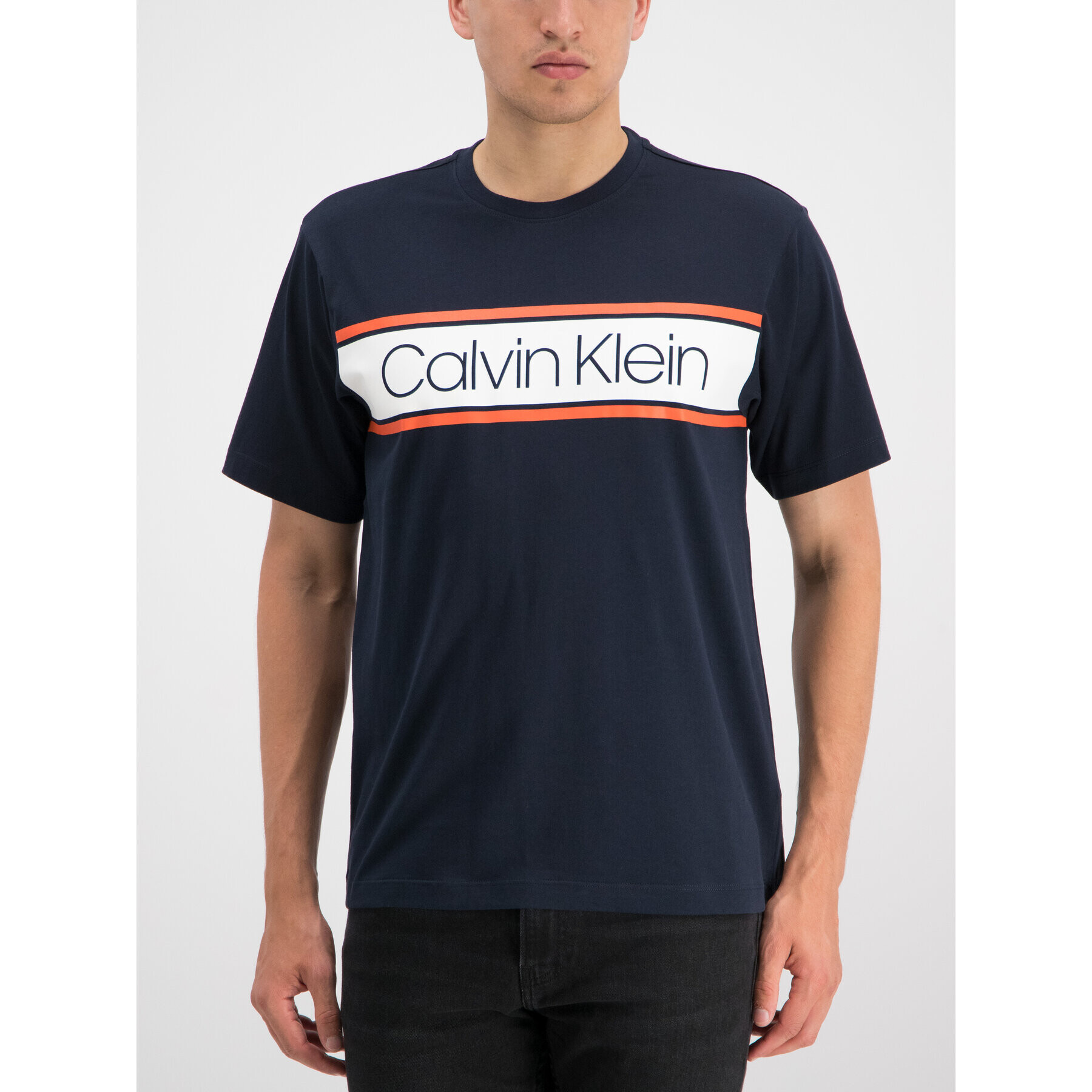 Calvin Klein Тишърт Text Stripe Logo K10K103948 Тъмносин Regular Fit - Pepit.bg