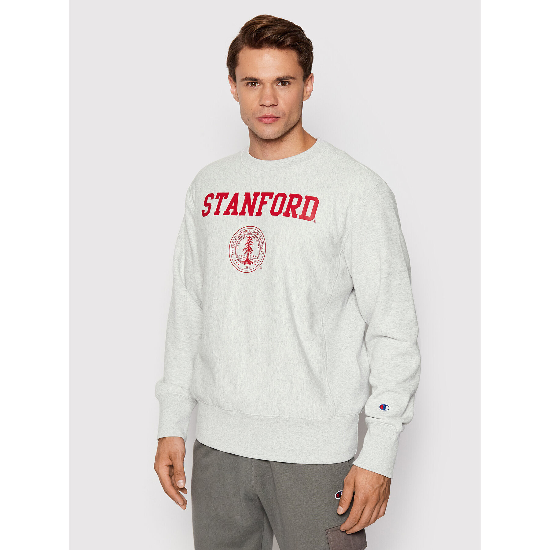 Champion Суитшърт College Print 218031 Сив Custom Fit - Pepit.bg