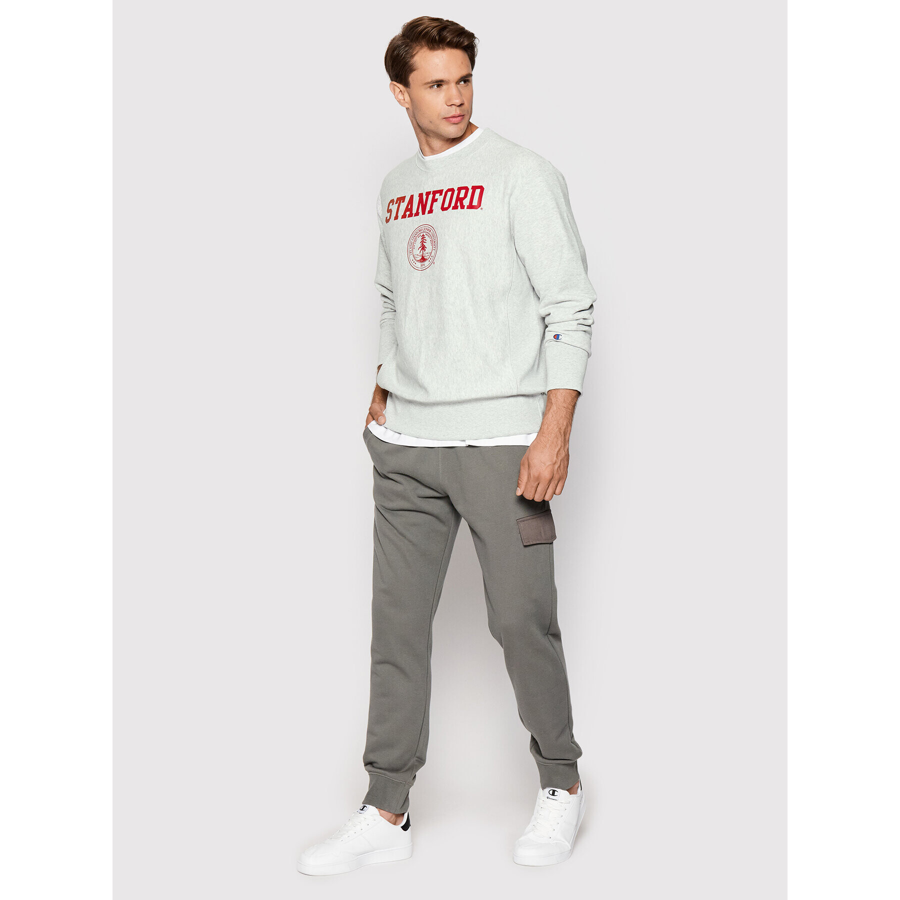 Champion Суитшърт College Print 218031 Сив Custom Fit - Pepit.bg