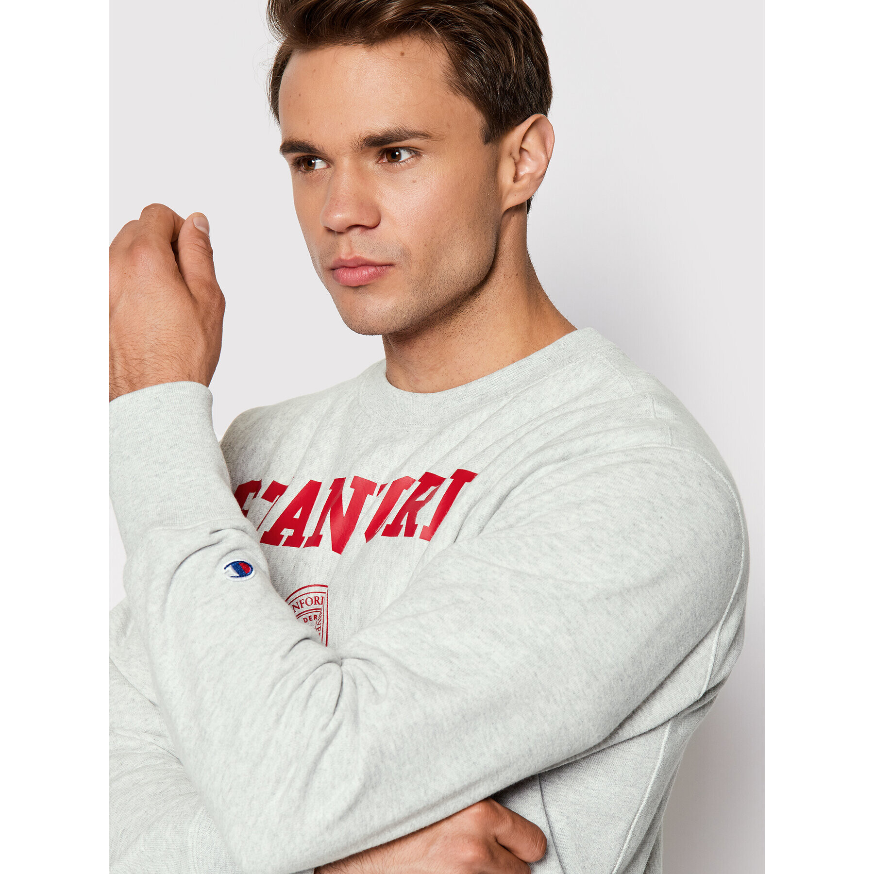 Champion Суитшърт College Print 218031 Сив Custom Fit - Pepit.bg