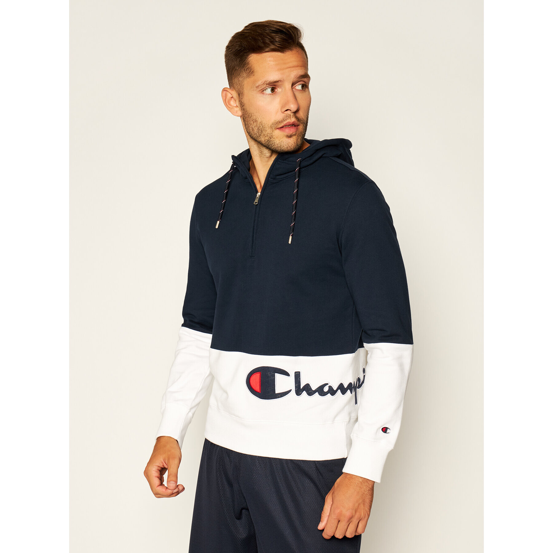 Champion Суитшърт Half Zip-Up Colour Block Wraparound Logo Hoodie 214205 Тъмносин Comfort Fit - Pepit.bg