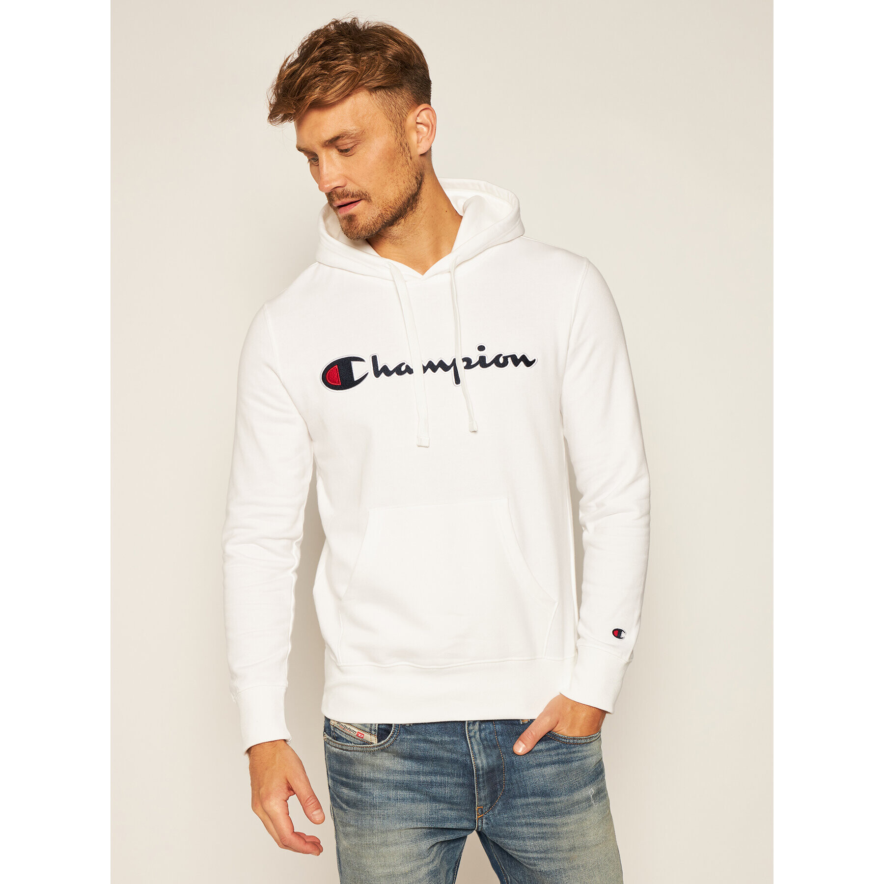 Champion Суитшърт Hooded 214718 Бял Custom Fit - Pepit.bg