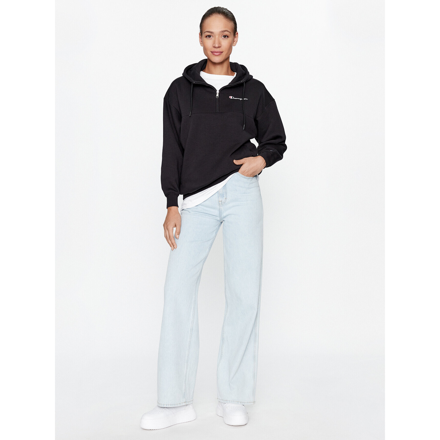 Champion Суитшърт Hooded Half Zip Sweatshirt 116581 Черен Oversize - Pepit.bg