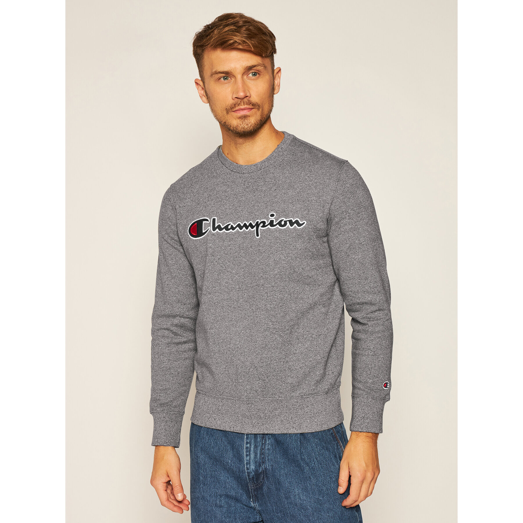 Champion Суитшърт Script Logo 214720 Сив Comfort Fit - Pepit.bg