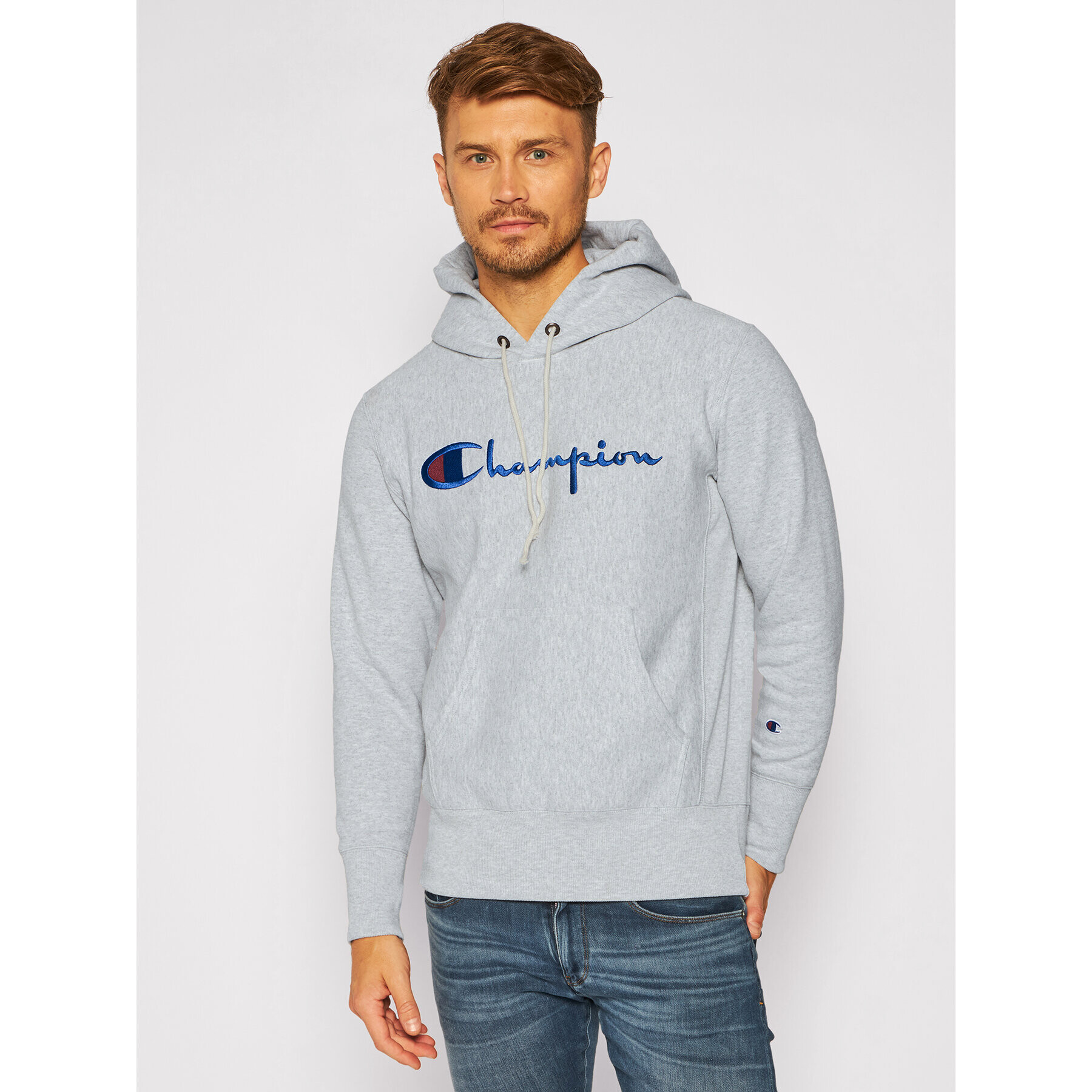 Champion Суитшърт Script Logo 215210 Сив Custom Fit - Pepit.bg