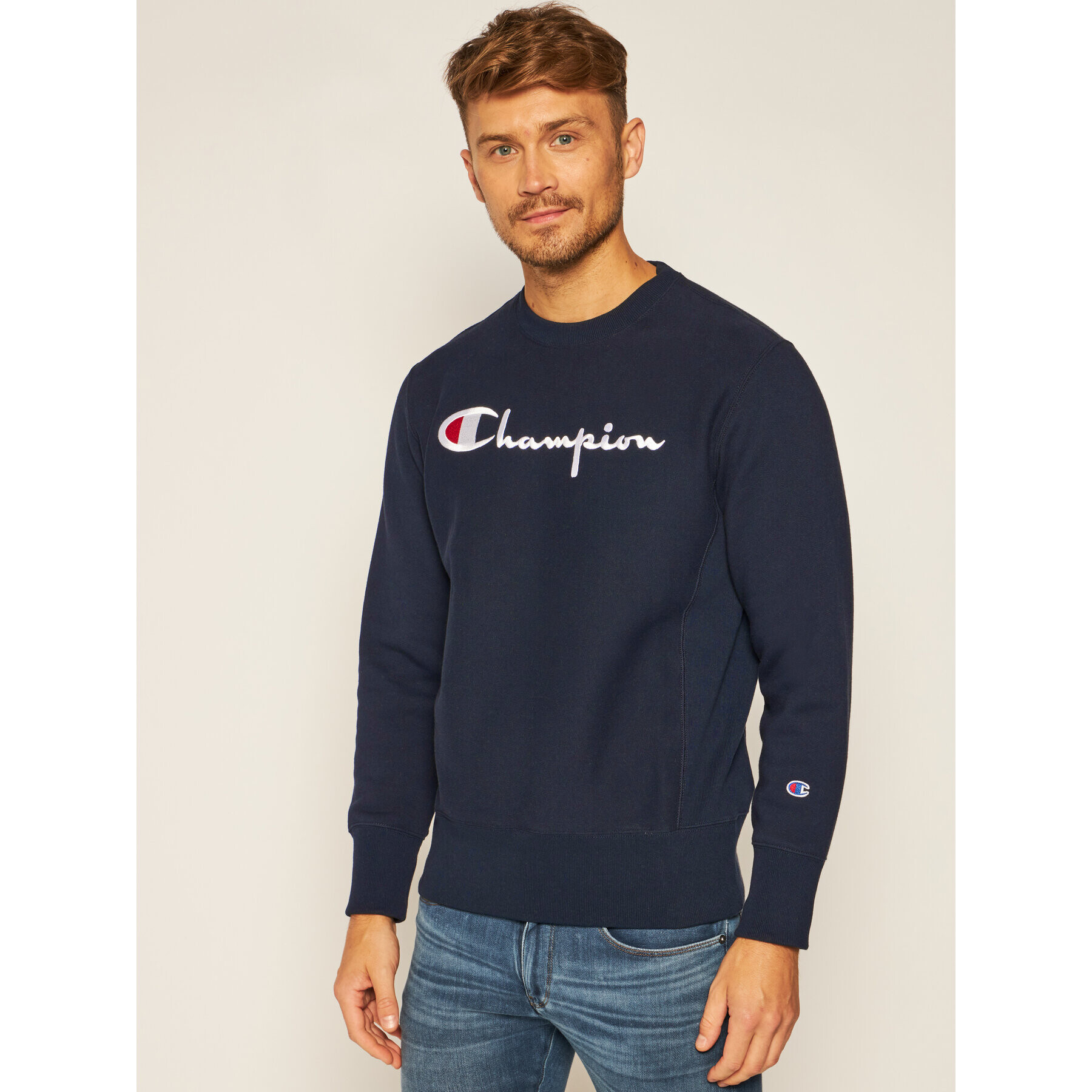 Champion Суитшърт Script Logo 215211 Тъмносин Custom Fit - Pepit.bg