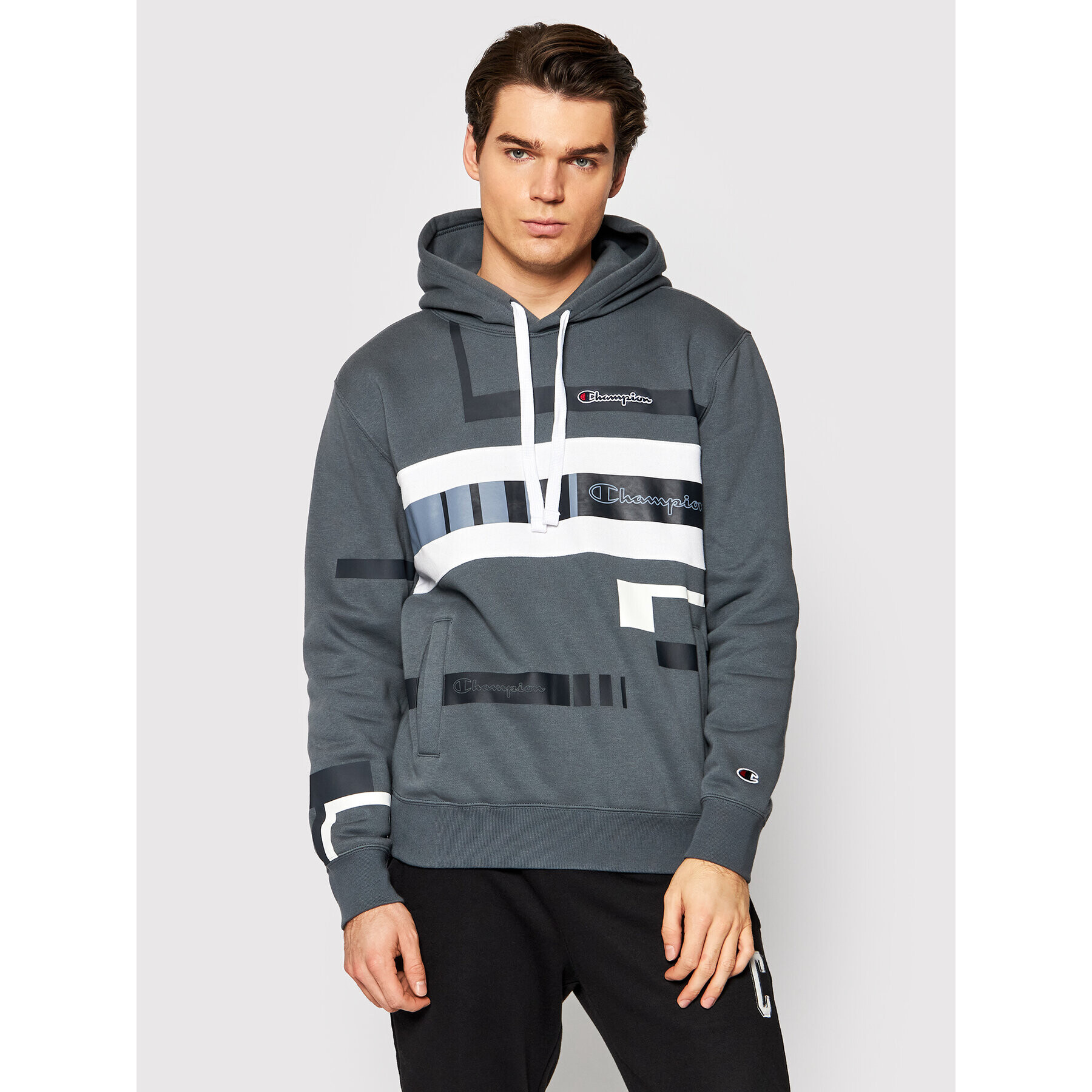 Champion Суитшърт Script Logo Stripe 216485 Сив Custom Fit - Pepit.bg