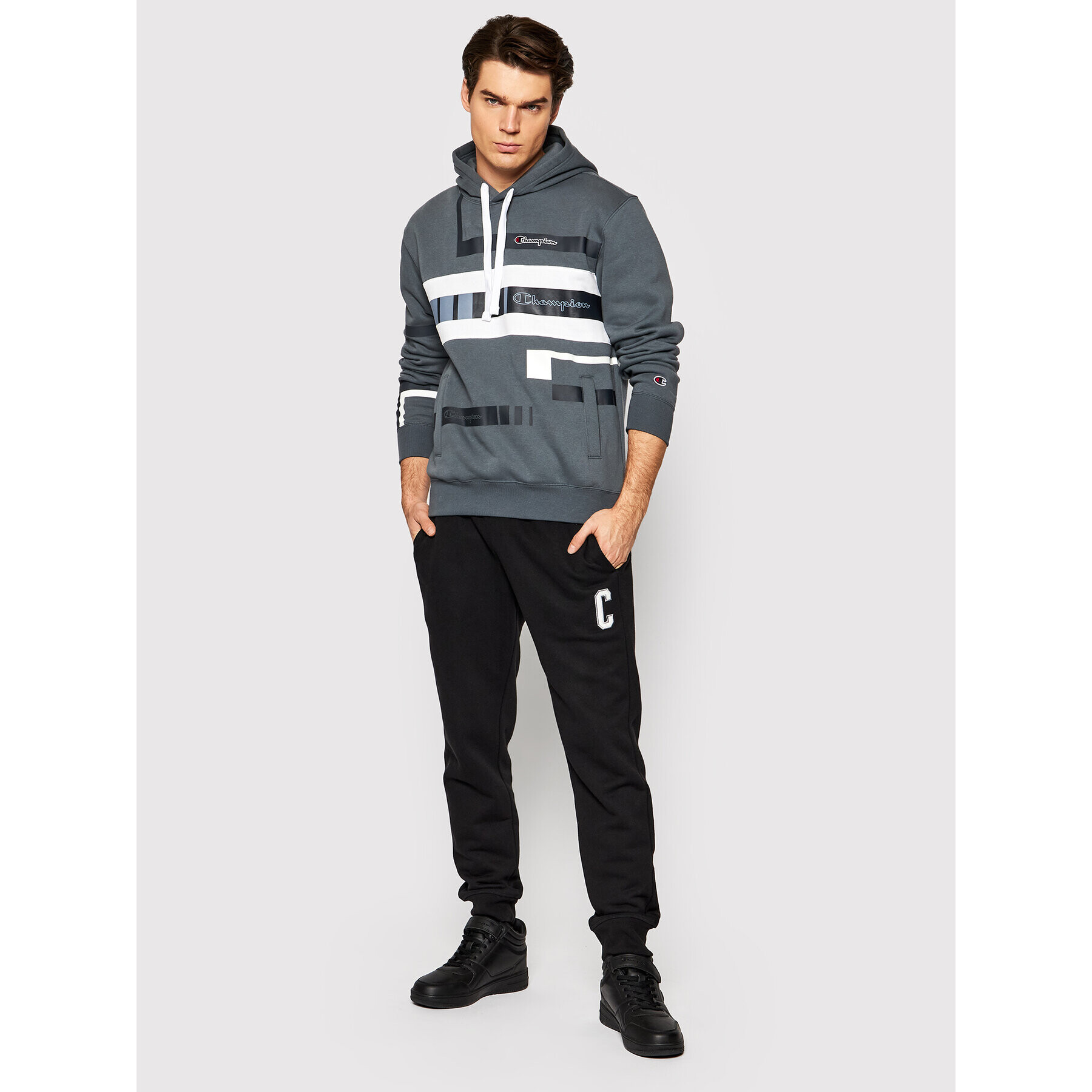 Champion Суитшърт Script Logo Stripe 216485 Сив Custom Fit - Pepit.bg