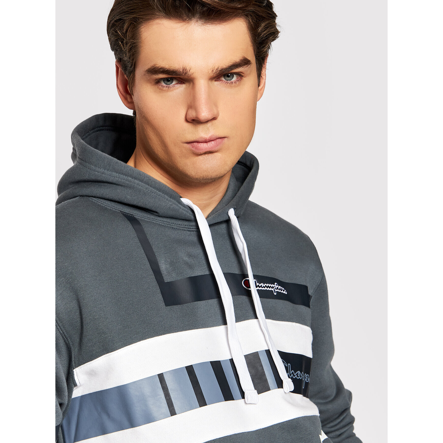 Champion Суитшърт Script Logo Stripe 216485 Сив Custom Fit - Pepit.bg