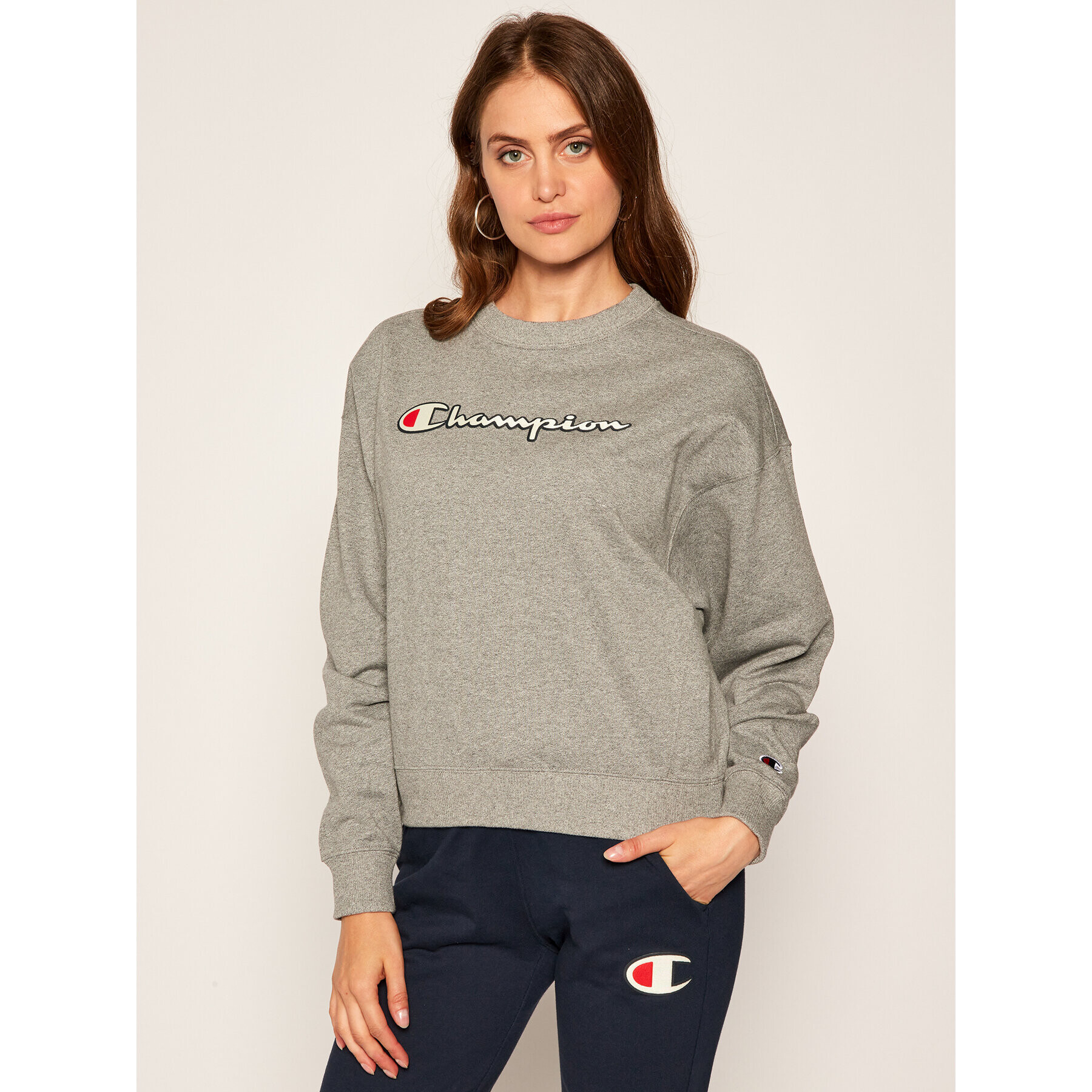 Champion Суитшърт Vintage Script Logo 112640 Сив Custom Fit - Pepit.bg