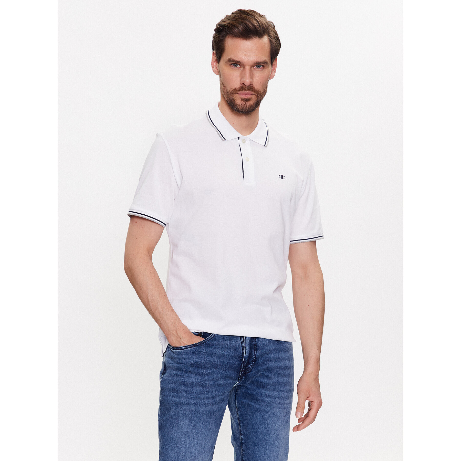 Champion Тениска с яка и копчета 218755 Бял Regular Fit - Pepit.bg