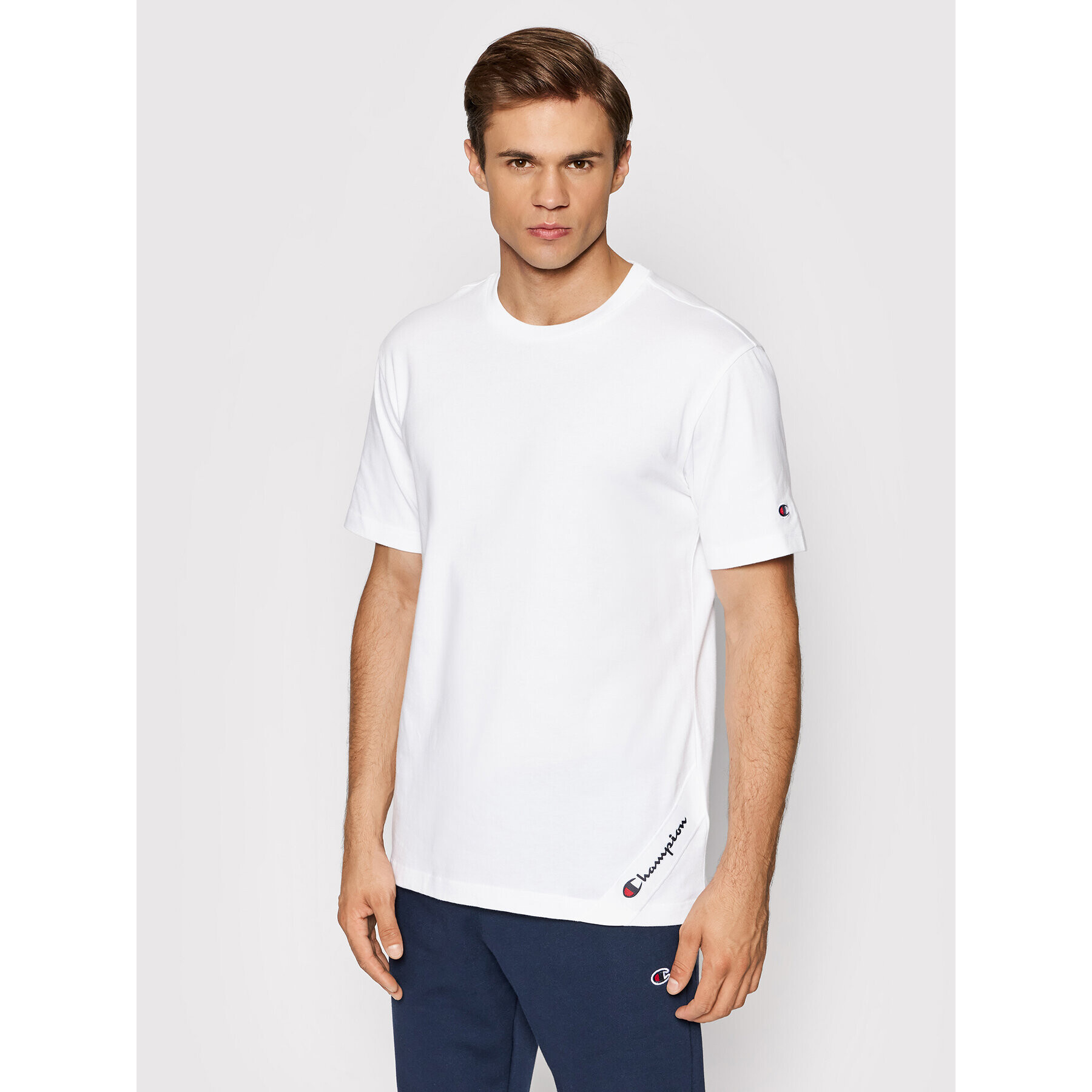 Champion Тишърт Asymmetric Script Logo 216553 Бял Regular Fit - Pepit.bg