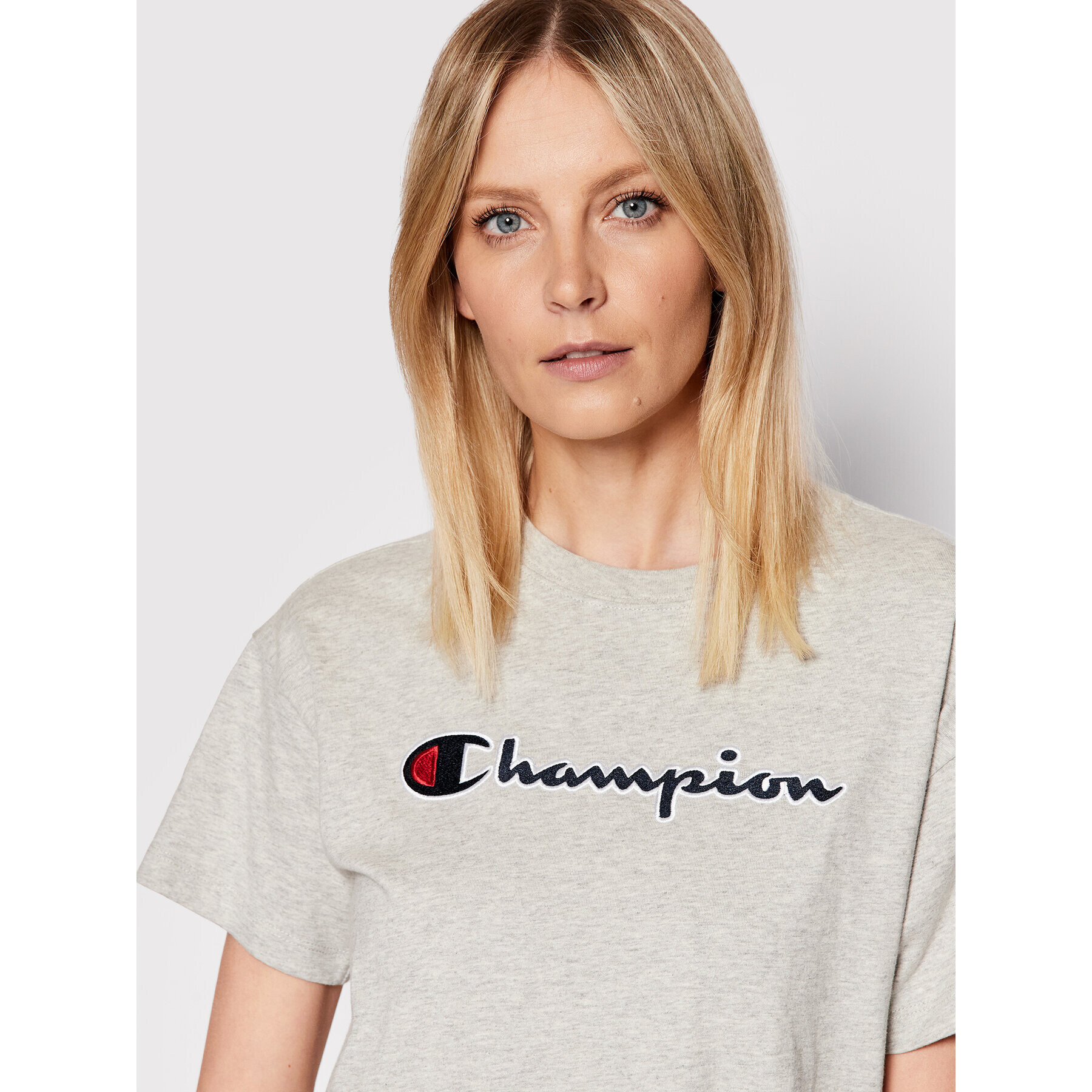 Champion Тишърт Big Script Logo 115351 Сив Boxy Fit - Pepit.bg