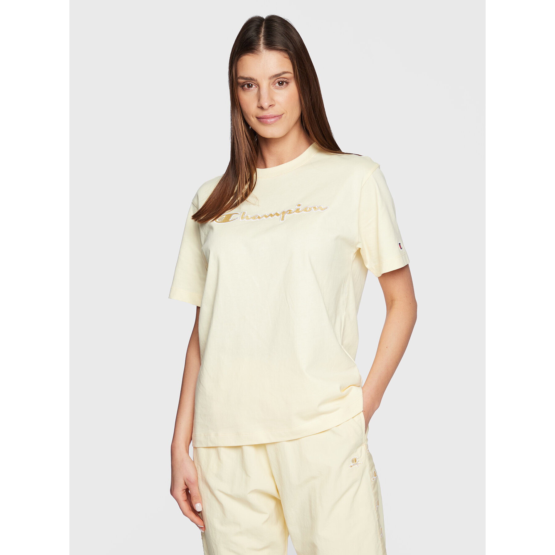 Champion Тишърт Big Script Logo 115496 Жълт Regular Fit - Pepit.bg