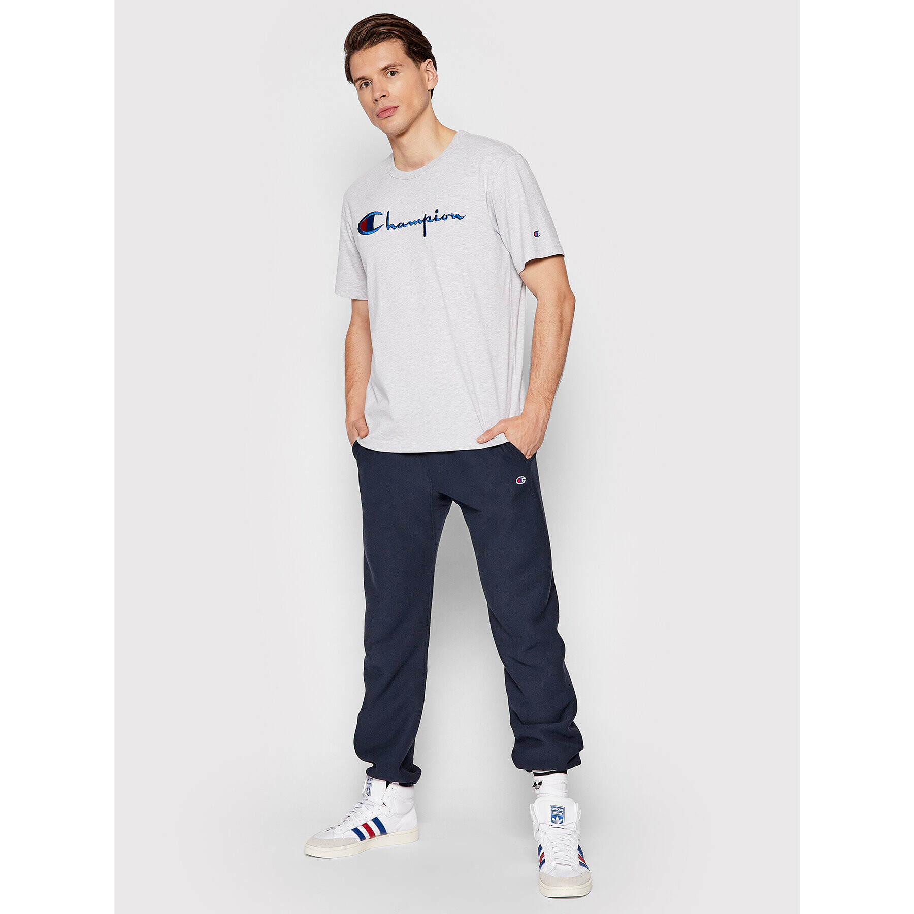 Champion Тишърт Big Script Logo 216547 Сив Comfort Fit - Pepit.bg