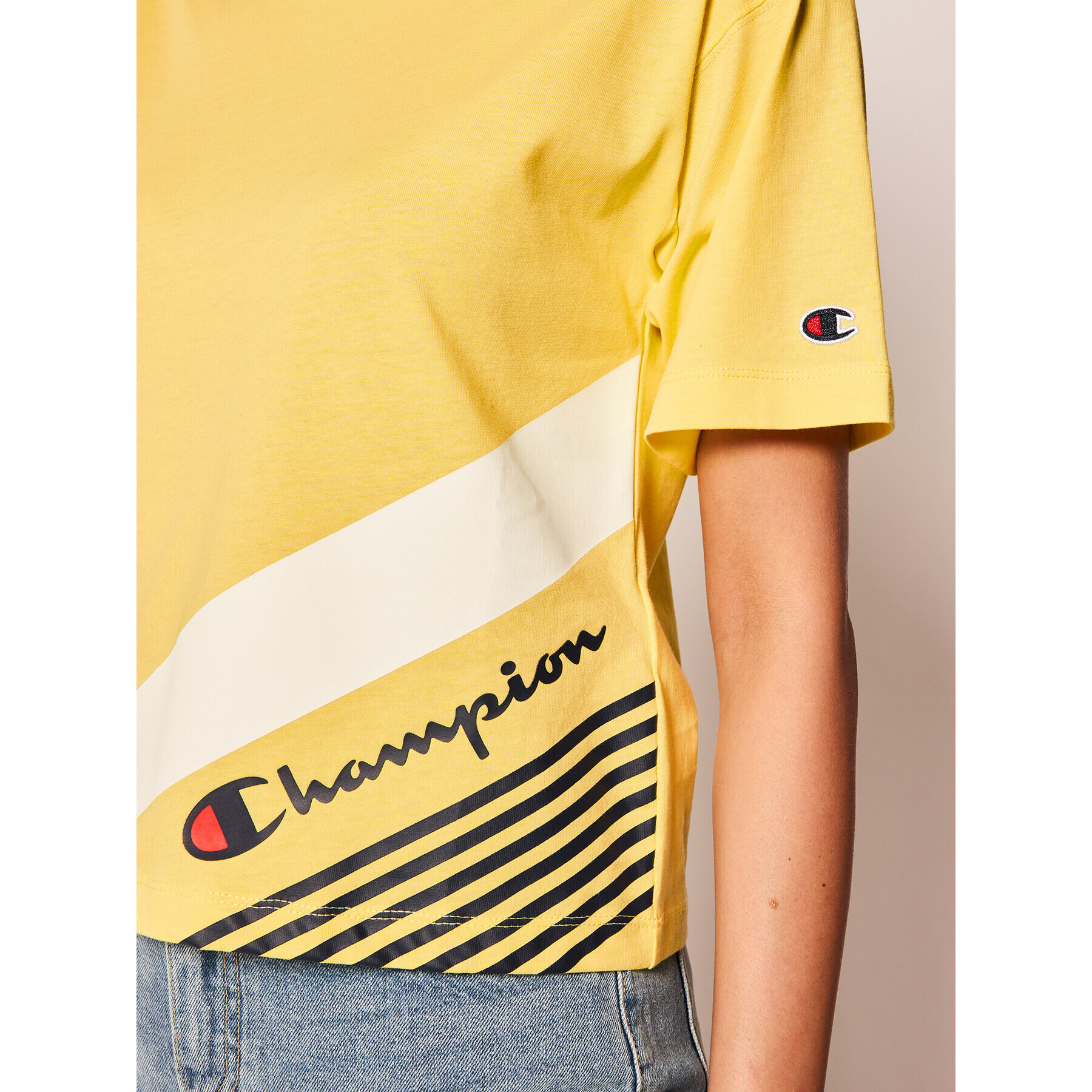 Champion Тишърт C Logo Ribbed Cuffed 112765 Жълт Regular Fit - Pepit.bg