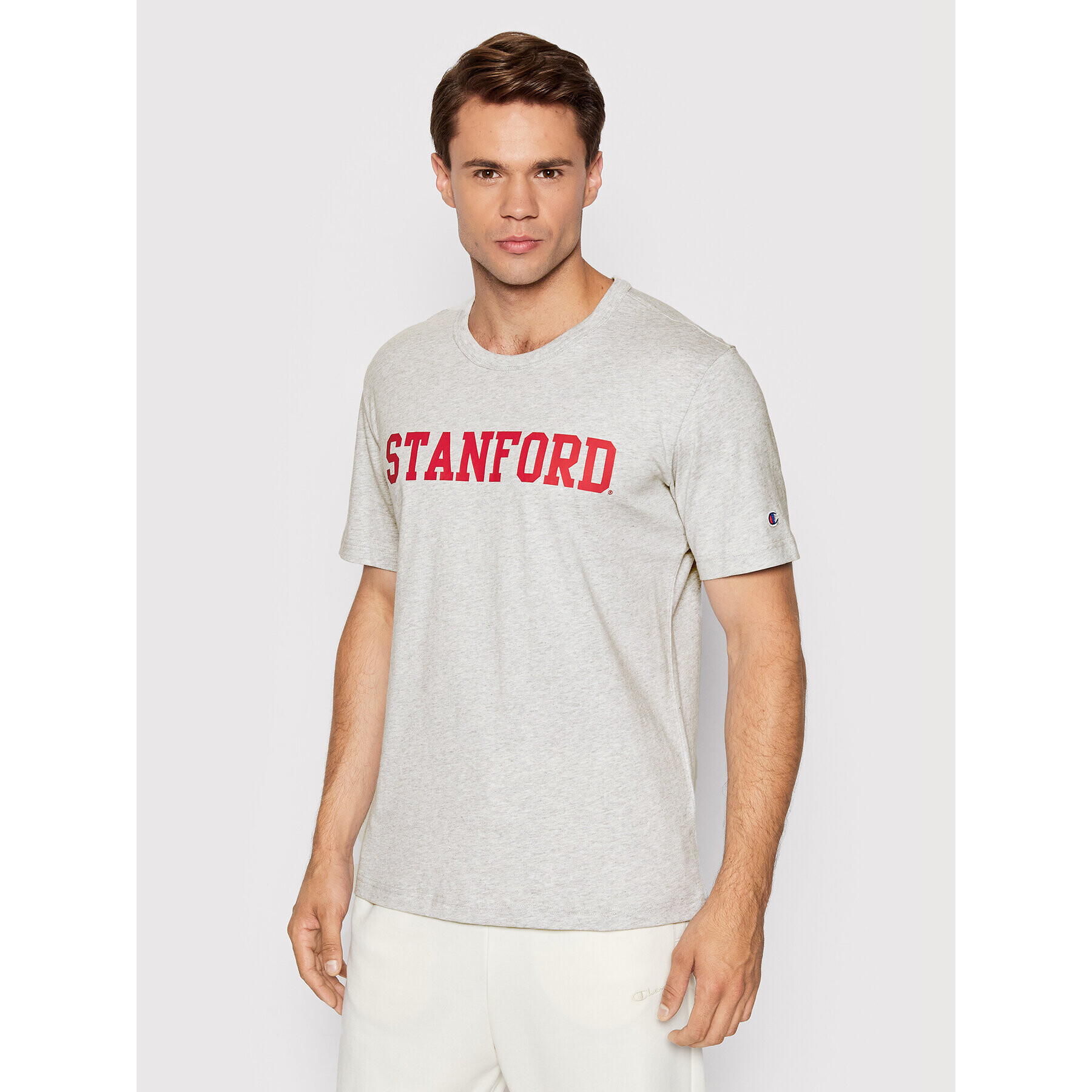 Champion Тишърт College Print 218032 Сив Custom Fit - Pepit.bg