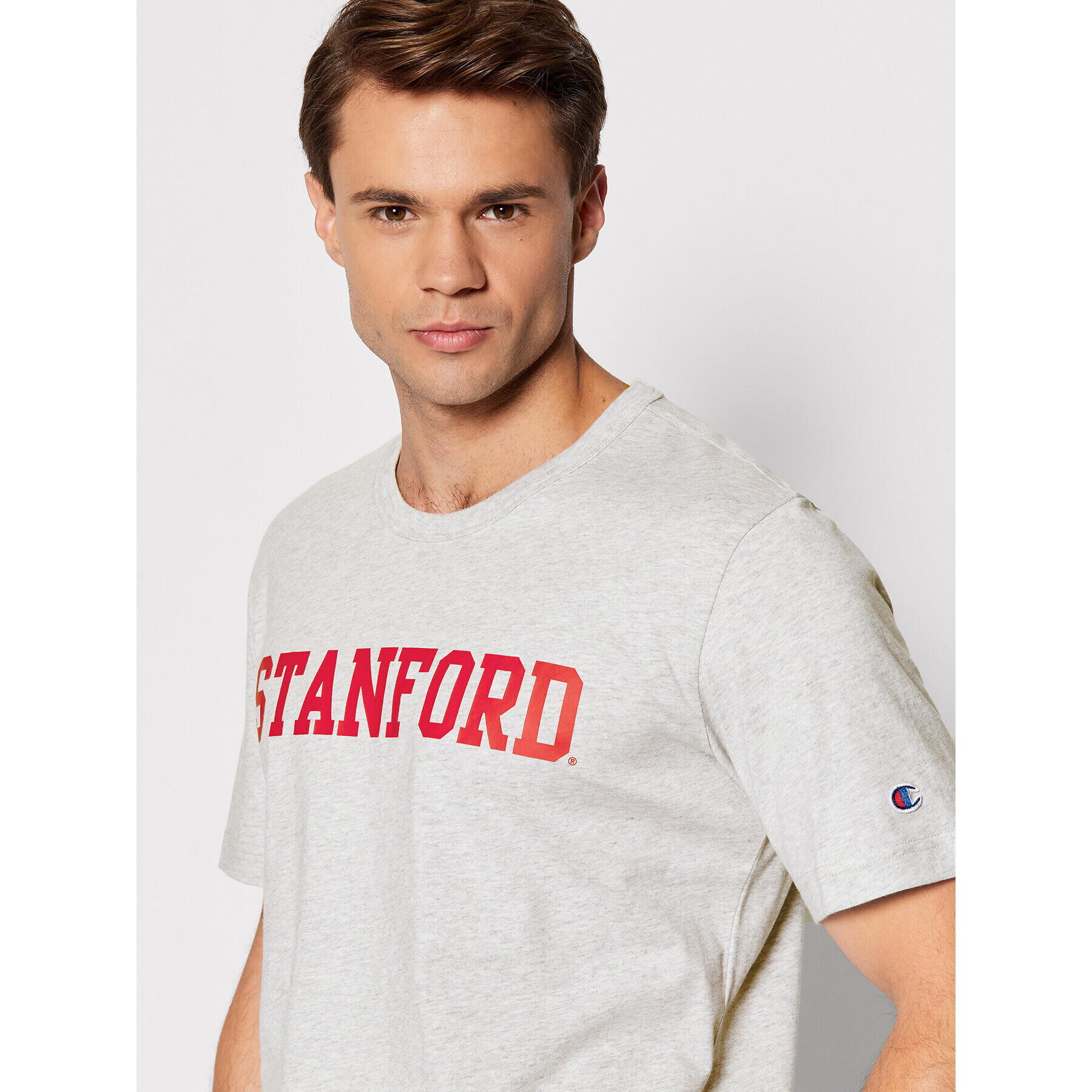 Champion Тишърт College Print 218032 Сив Custom Fit - Pepit.bg