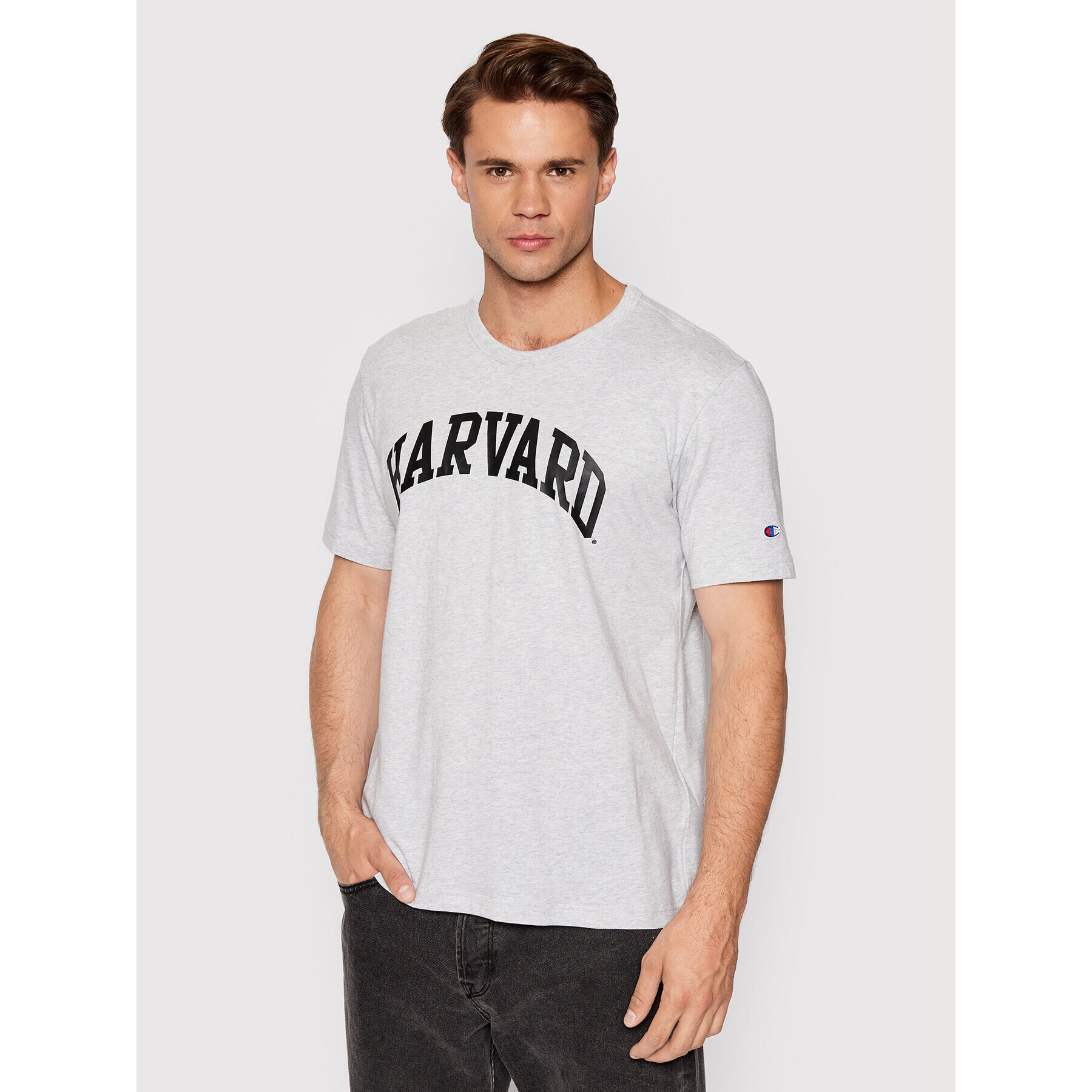 Champion Тишърт College Print 218032 Сив Custom Fit - Pepit.bg