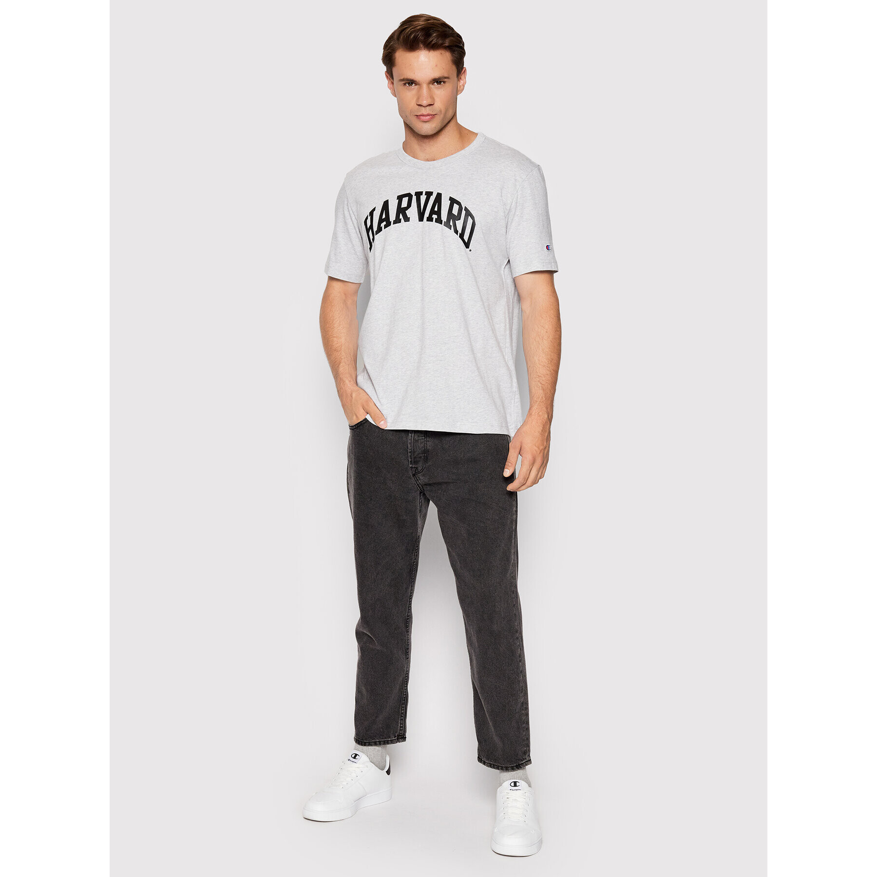 Champion Тишърт College Print 218032 Сив Custom Fit - Pepit.bg