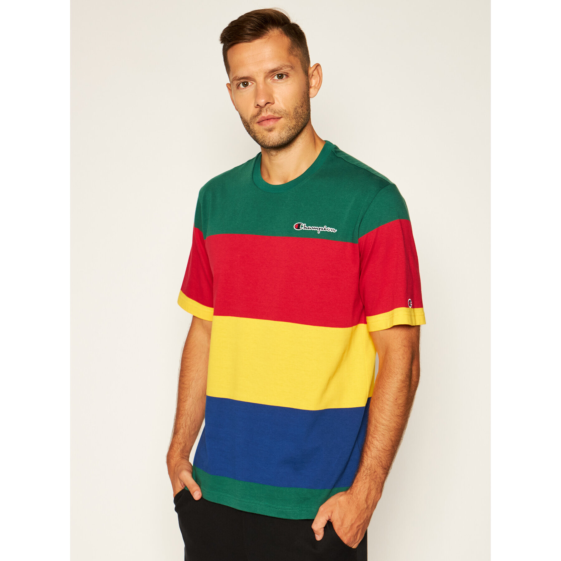 Champion Тишърт Colour Block Stripe 214352 Зелен Custom Fit - Pepit.bg