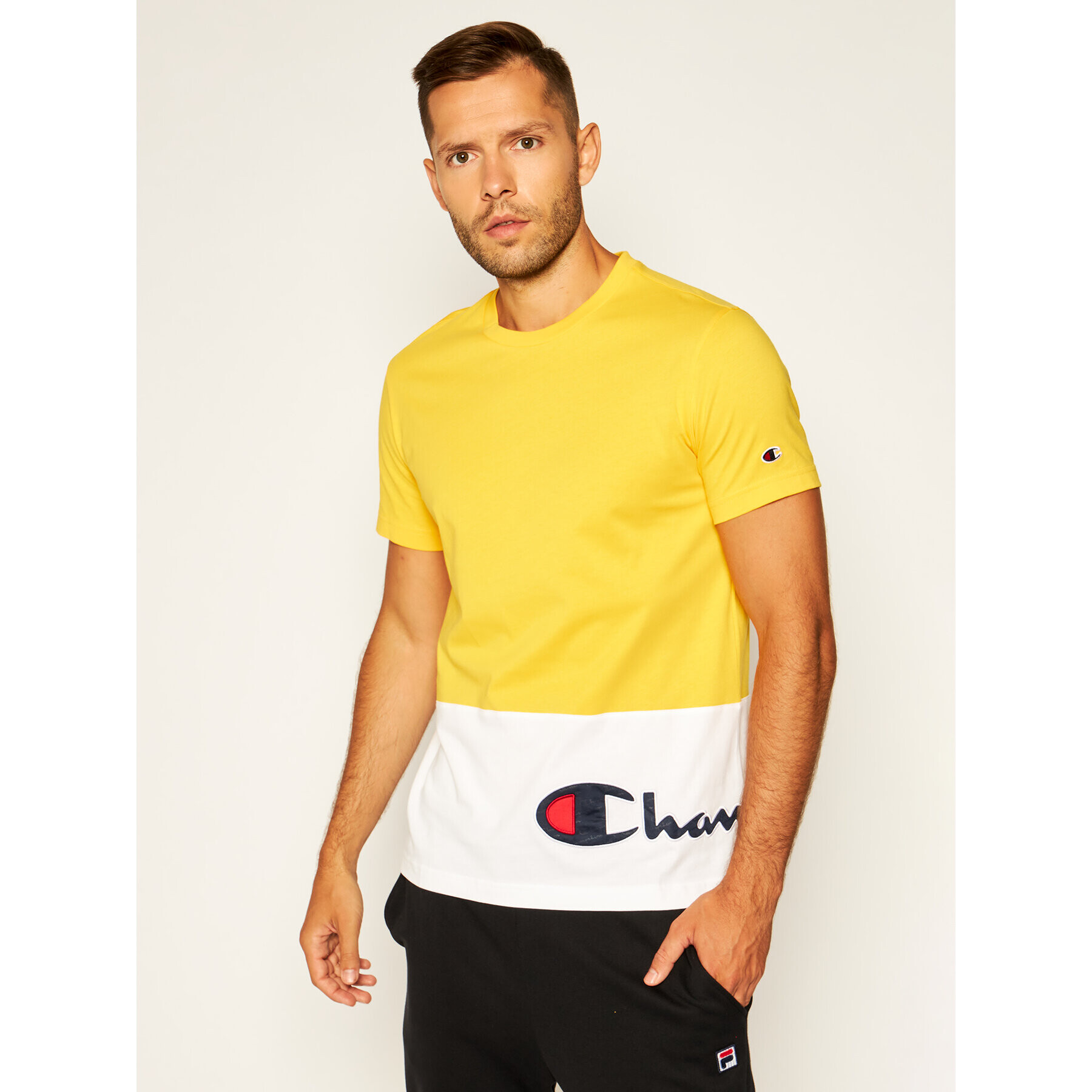 Champion Тишърт Colour Block Wraparound Logo 214208 Жълт Regular Fit - Pepit.bg