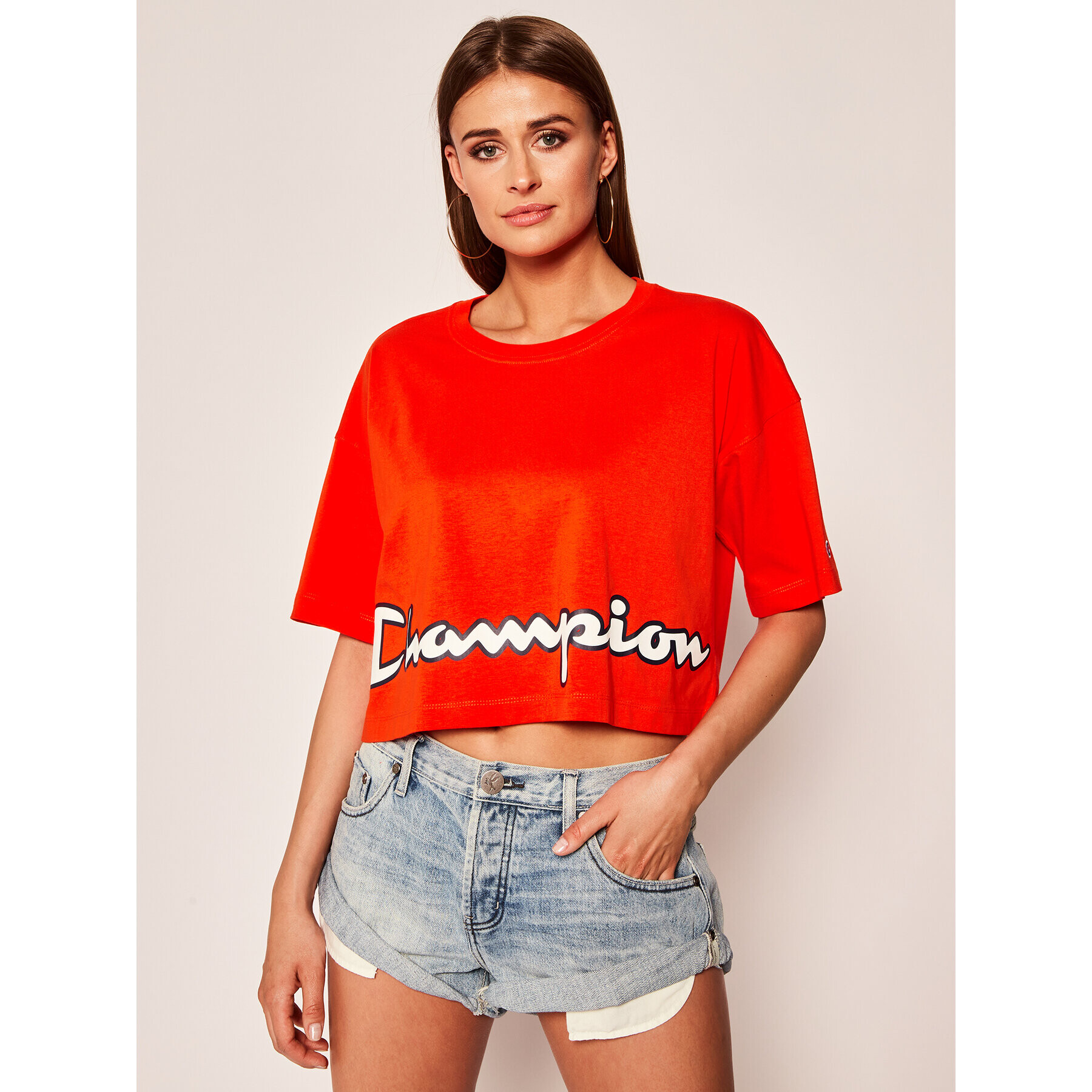 Champion Тишърт Cropped Script Logo Print Boxy 112655 Оранжев Regular Fit - Pepit.bg
