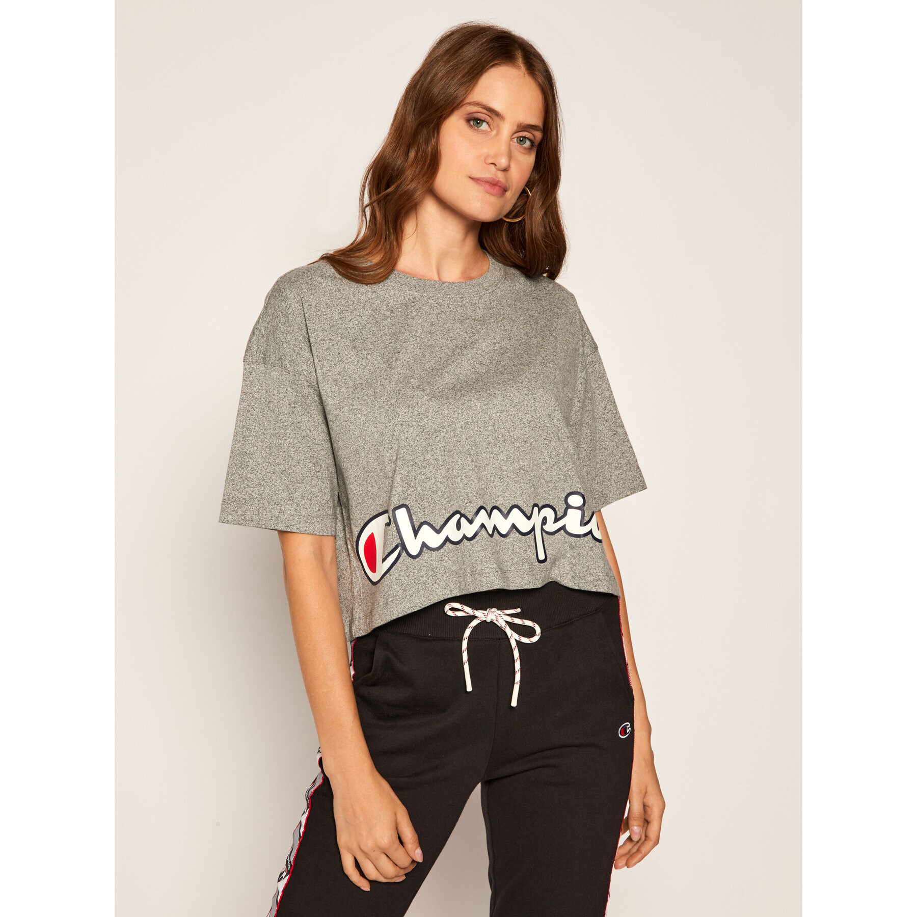 Champion Тишърт Cropped Script Logo Print Boxy 112655 Сив Oversize - Pepit.bg