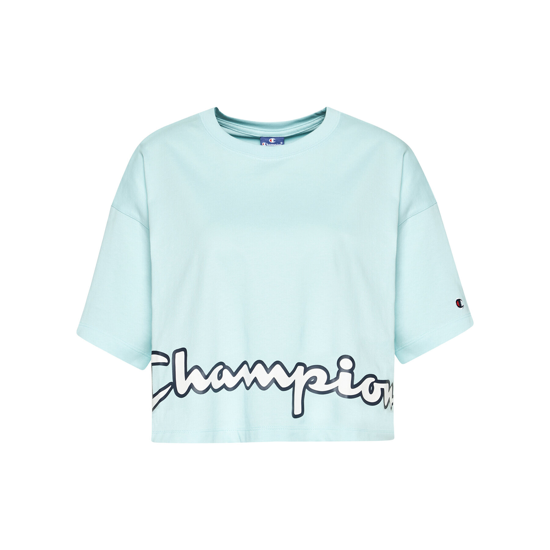 Champion Тишърт Cropped Script Logo Print Boxy 112655 Син Custom Fit - Pepit.bg