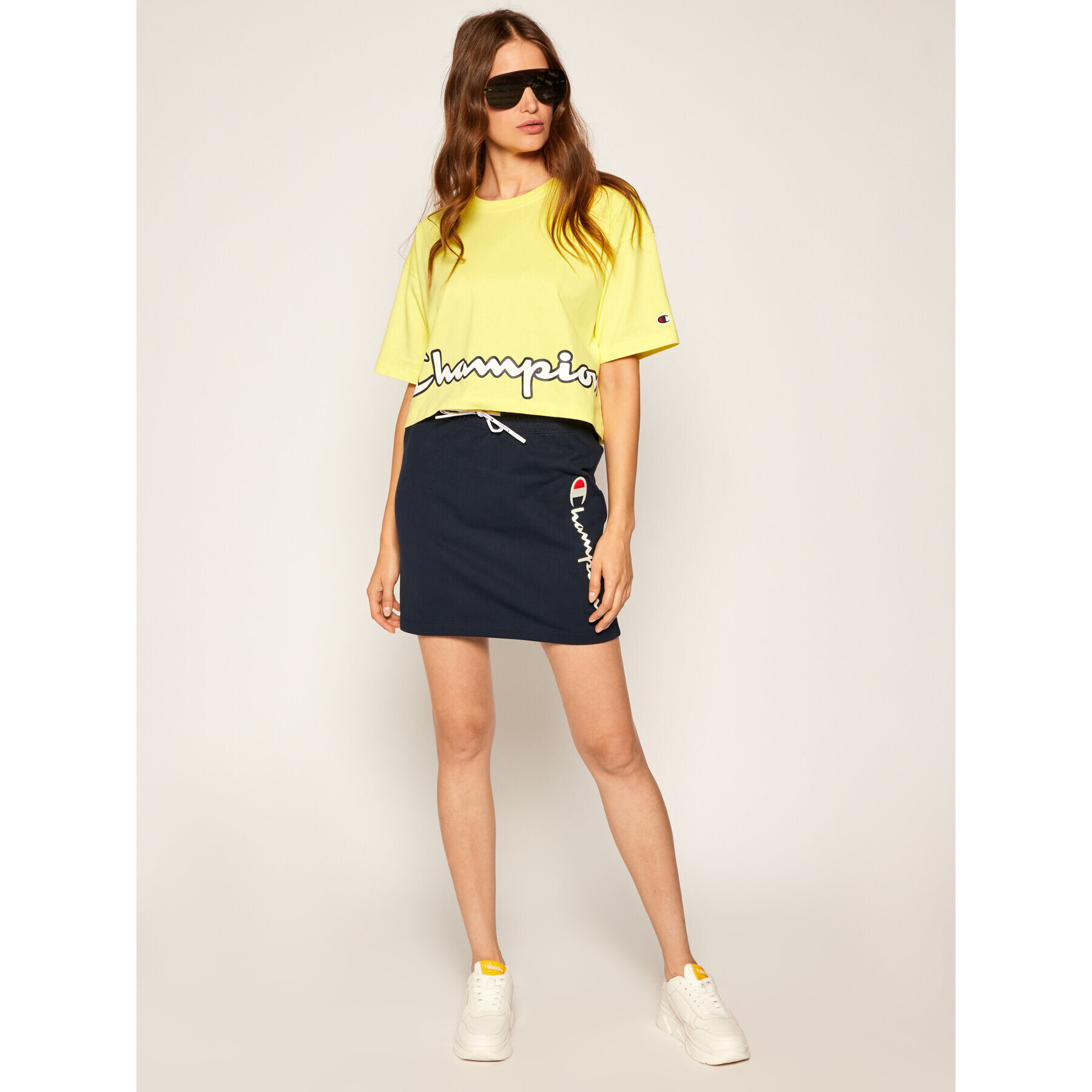 Champion Тишърт Cropped Script Logo Print Boxy 112655 Жълт Oversize - Pepit.bg