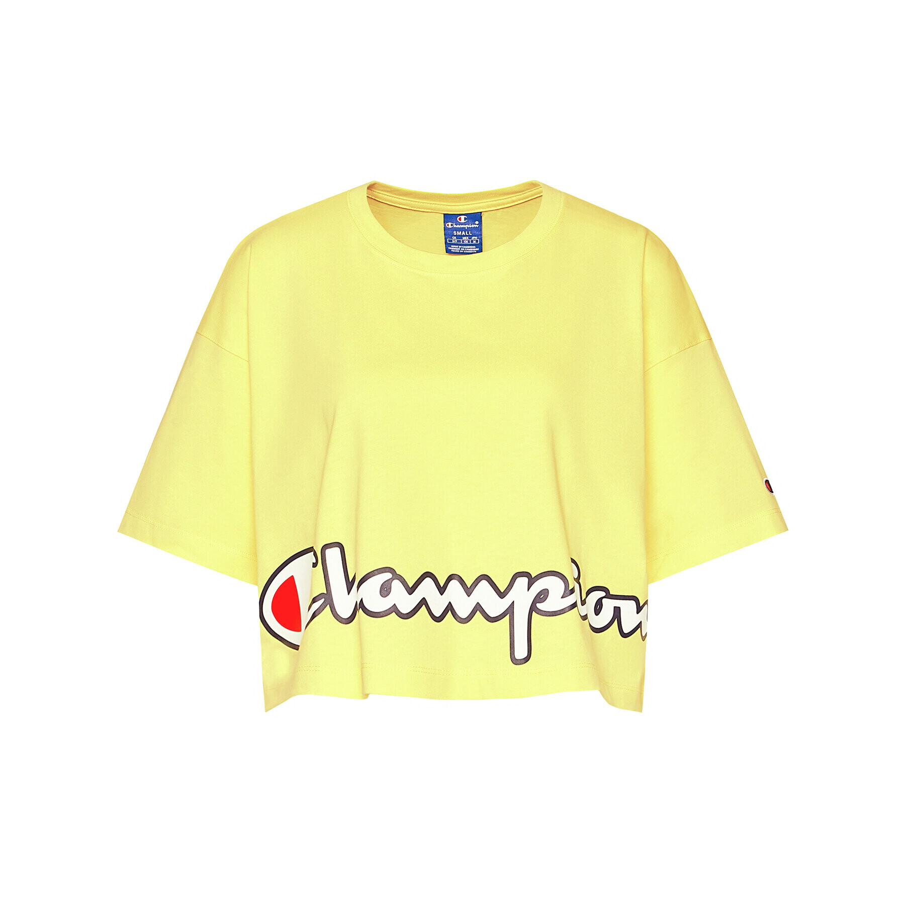 Champion Тишърт Cropped Script Logo Print Boxy 112655 Жълт Oversize - Pepit.bg