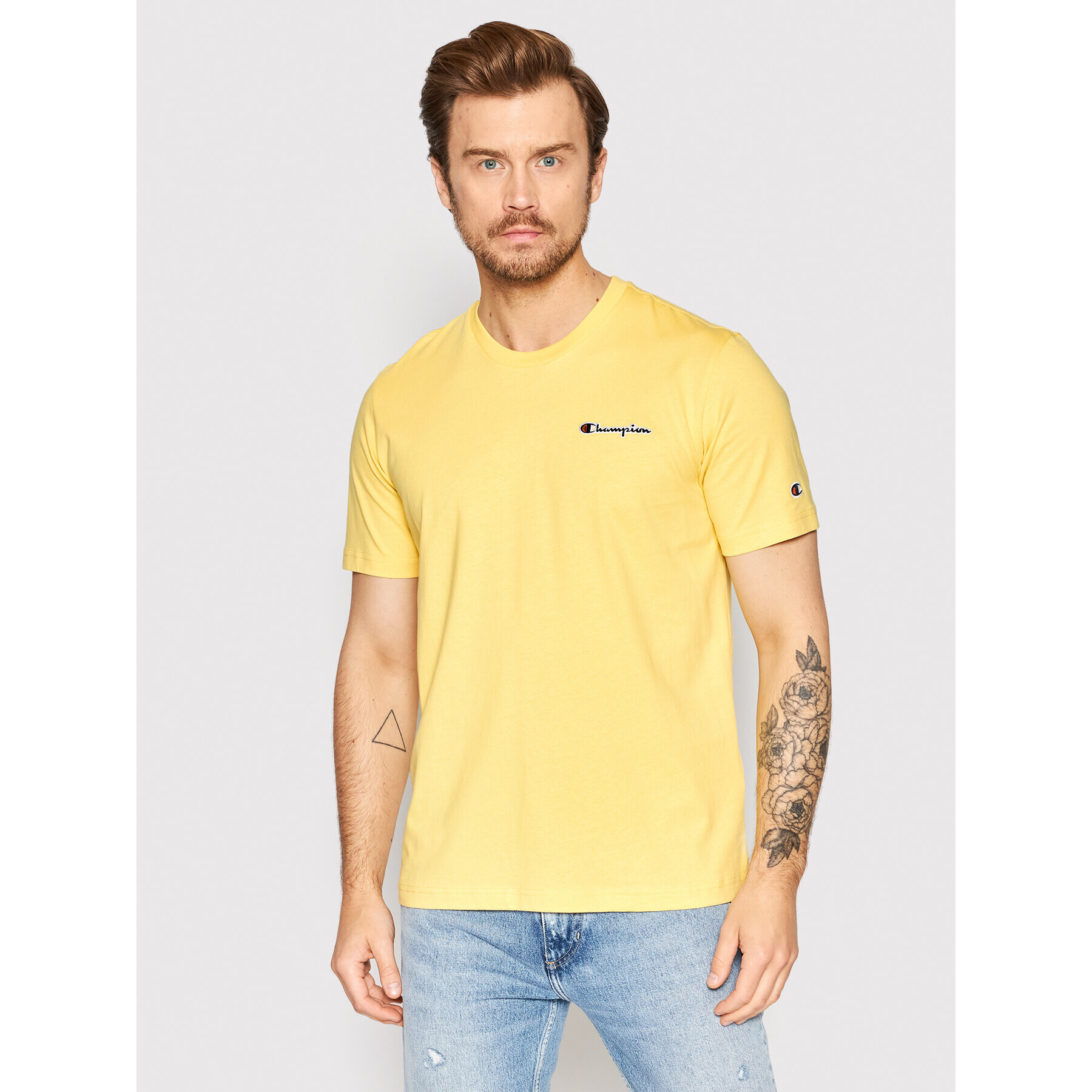Champion Тишърт Embroidered Script Logo 217813 Жълт Regular Fit - Pepit.bg