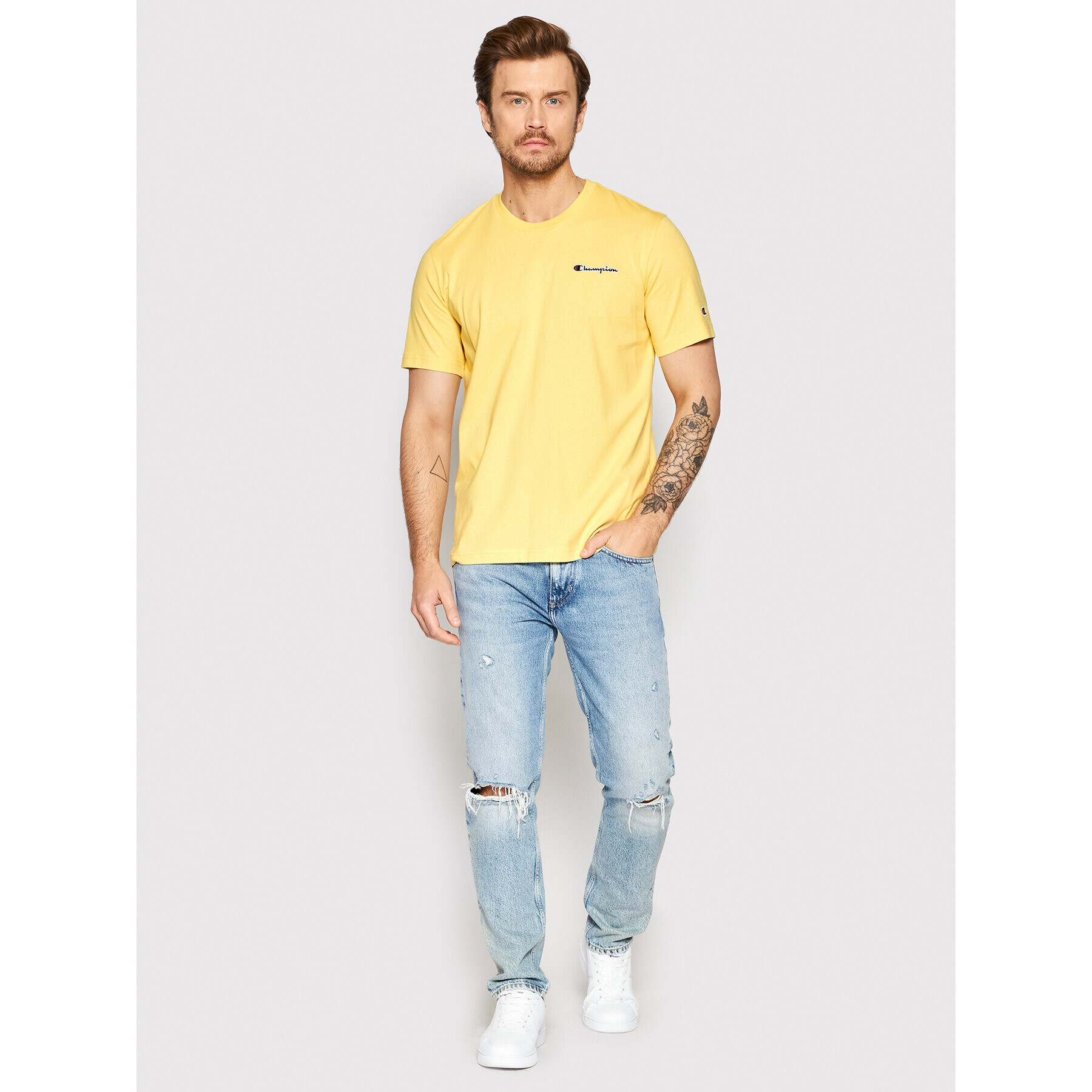 Champion Тишърт Embroidered Script Logo 217813 Жълт Regular Fit - Pepit.bg