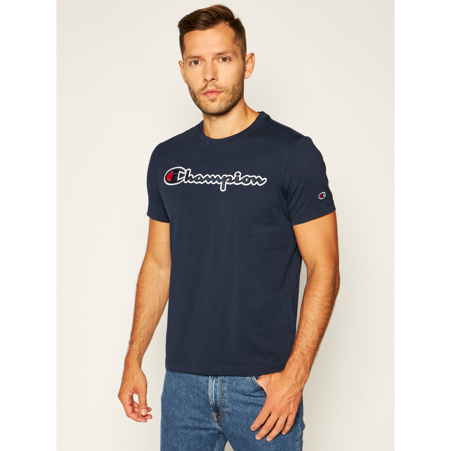 Champion Тишърт Logo 214194 Тъмносин Comfort Fit - Pepit.bg