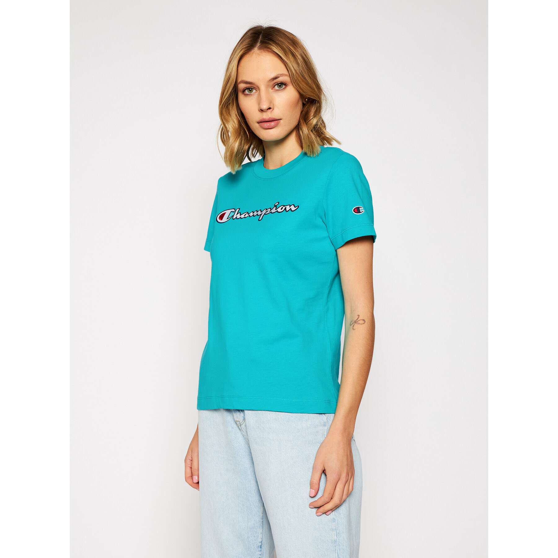 Champion Тишърт Script Logo 113194 Зелен Regular Fit - Pepit.bg