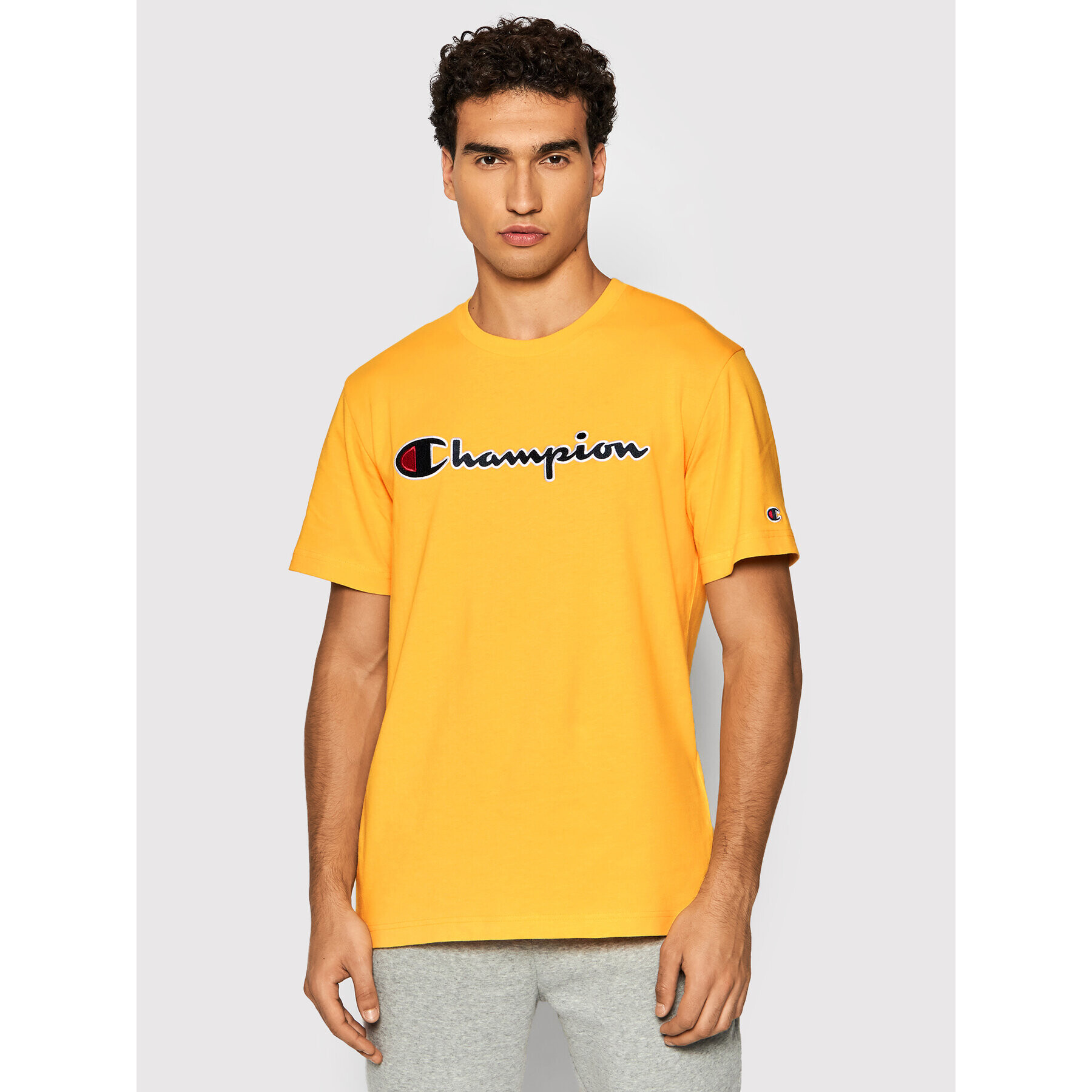 Champion Тишърт Script Logo 216473 Жълт Regular Fit - Pepit.bg