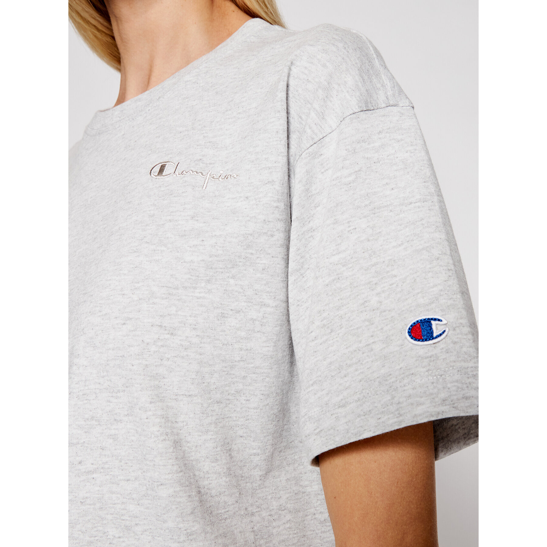 Champion Тишърт Script Logo Embroidery 112732 Сив Oversize - Pepit.bg