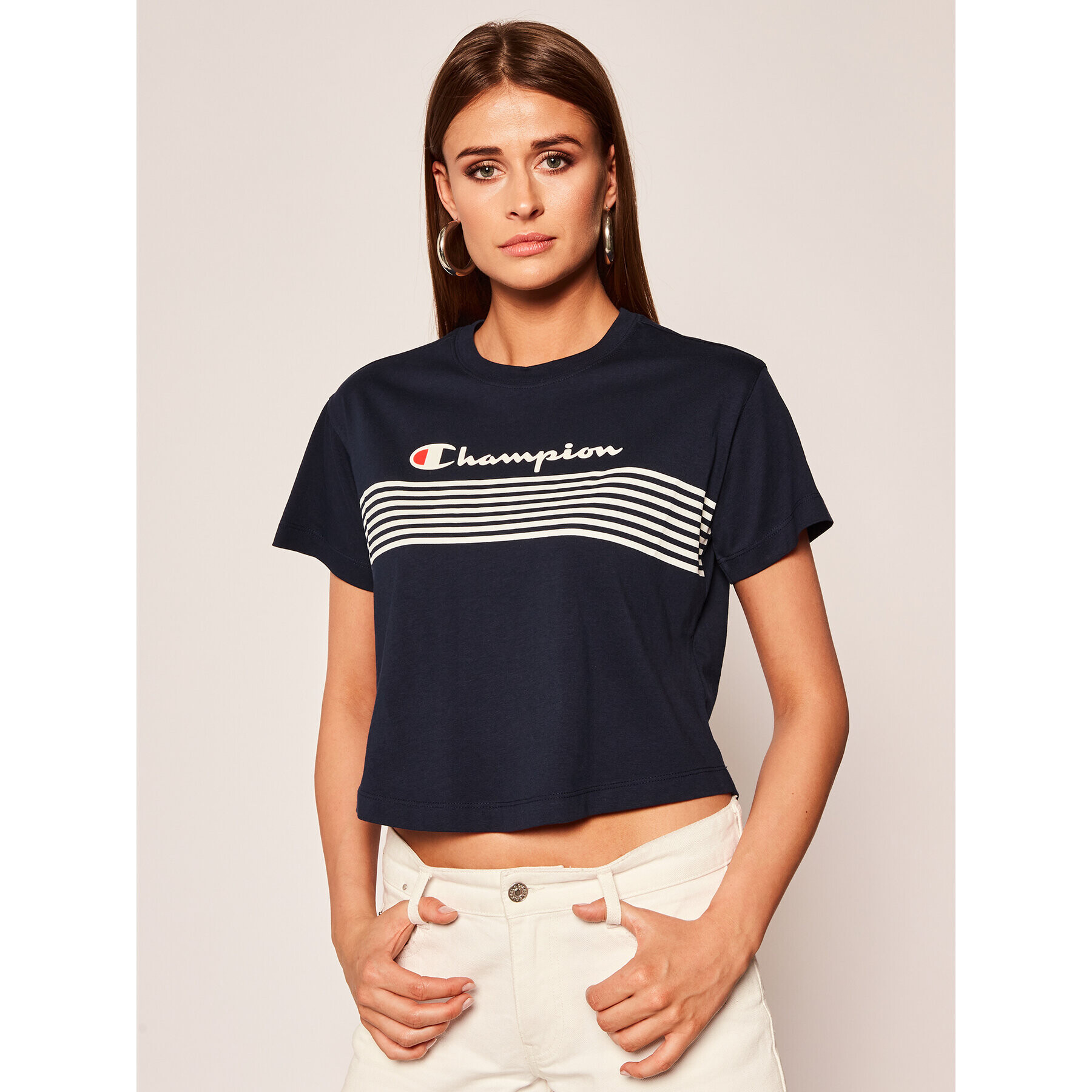 Champion Тишърт Script Logo Stripe 113098 Тъмносин Regular Fit - Pepit.bg