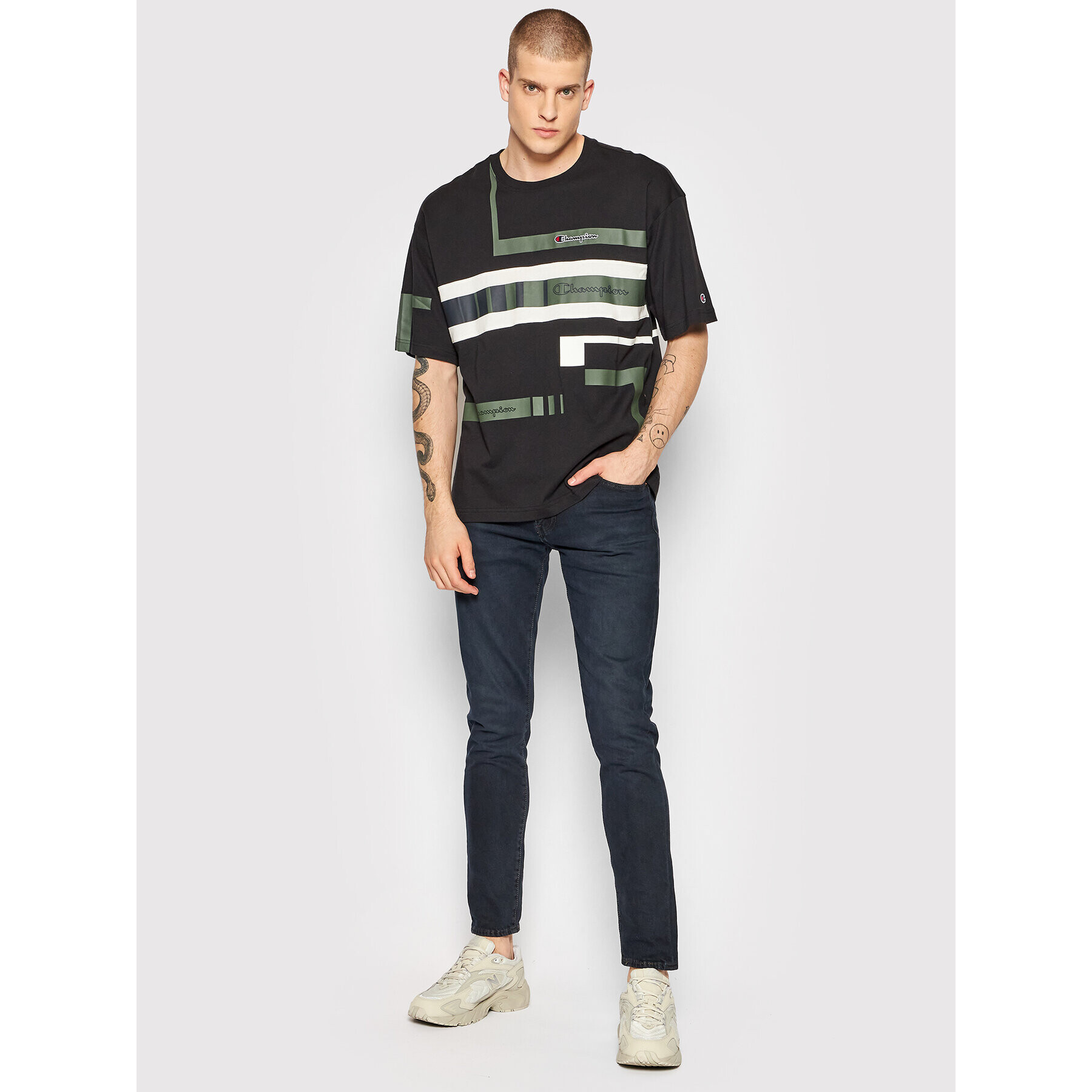 Champion Тишърт Script Logo Stripe 216487 Черен Custom Fit - Pepit.bg