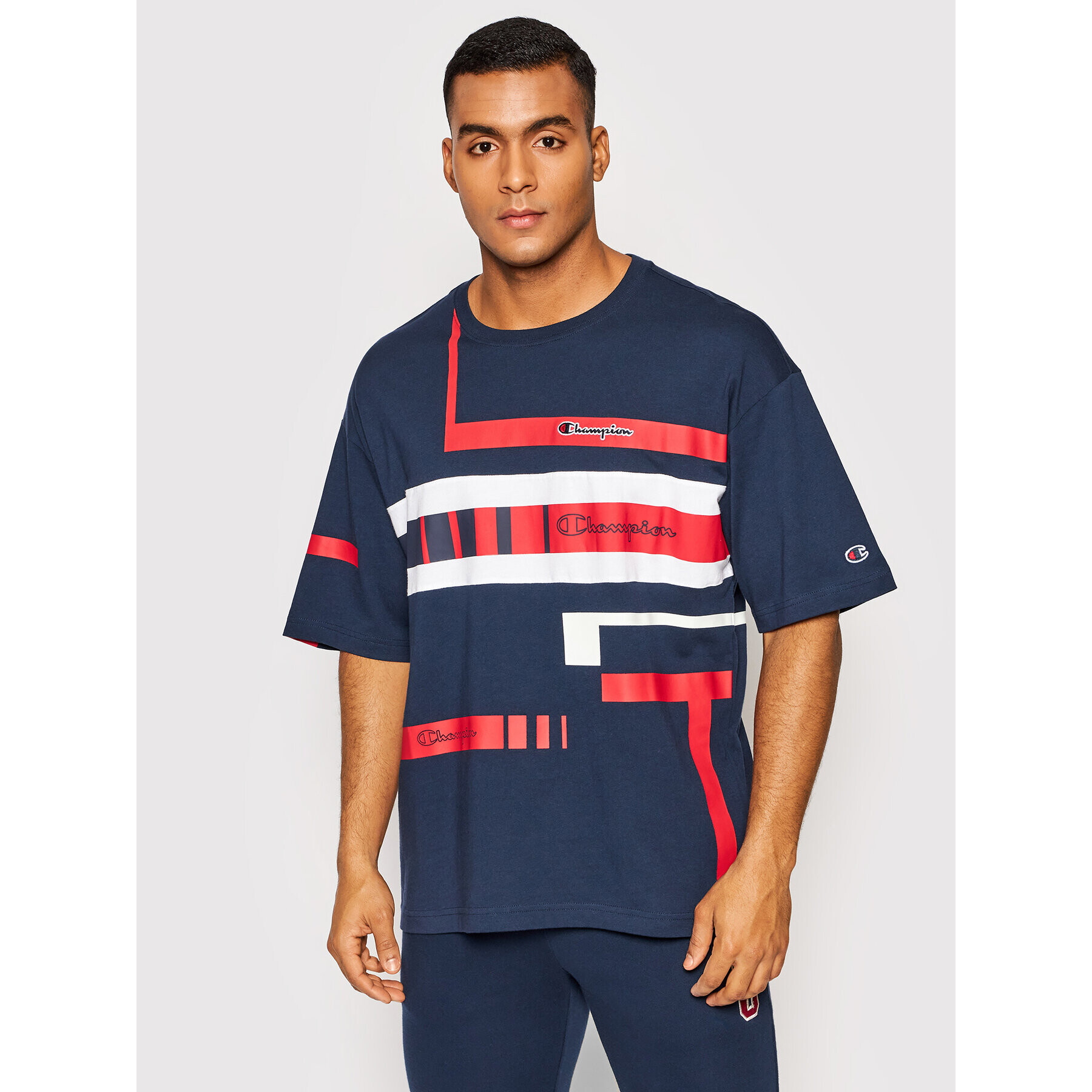 Champion Тишърт Script Logo Stripe 216487 Тъмносин Custom Fit - Pepit.bg