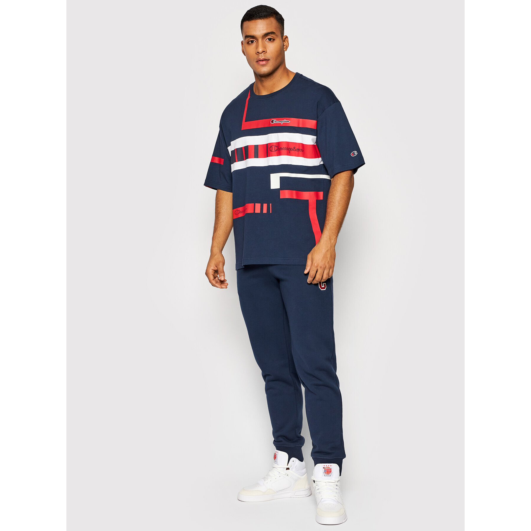 Champion Тишърт Script Logo Stripe 216487 Тъмносин Custom Fit - Pepit.bg