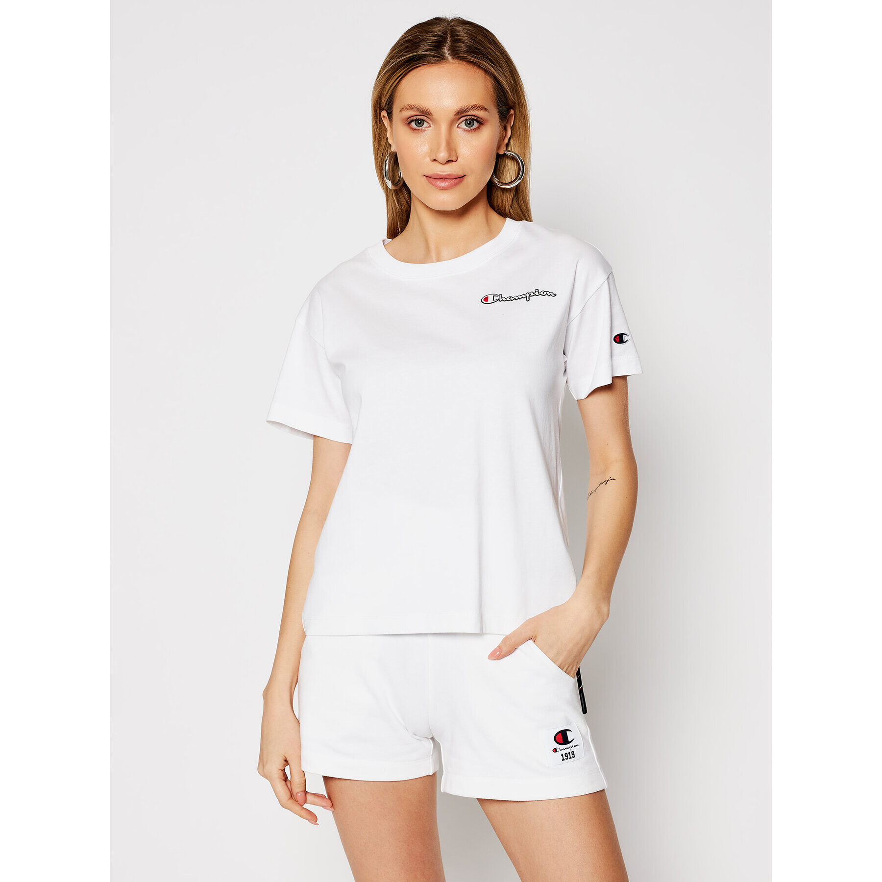 Champion Тишърт Small Vintage Script Logo 113090 Бял Custom Fit - Pepit.bg