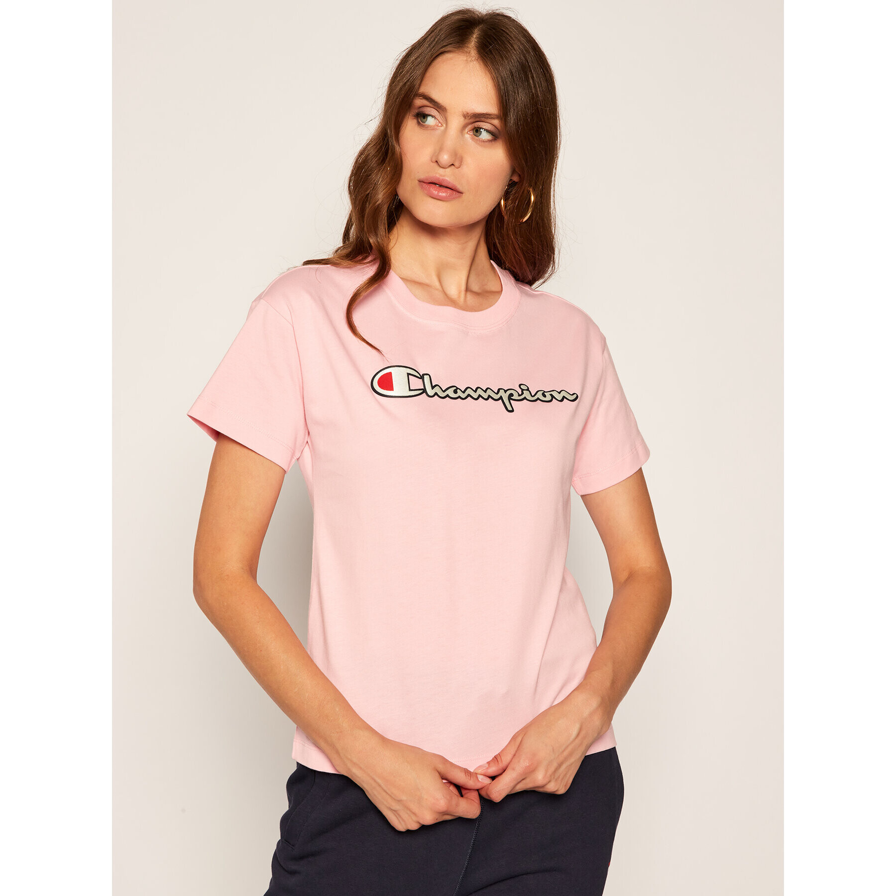 Champion Тишърт Vintage Script Logo 112650 Розов Custom Fit - Pepit.bg