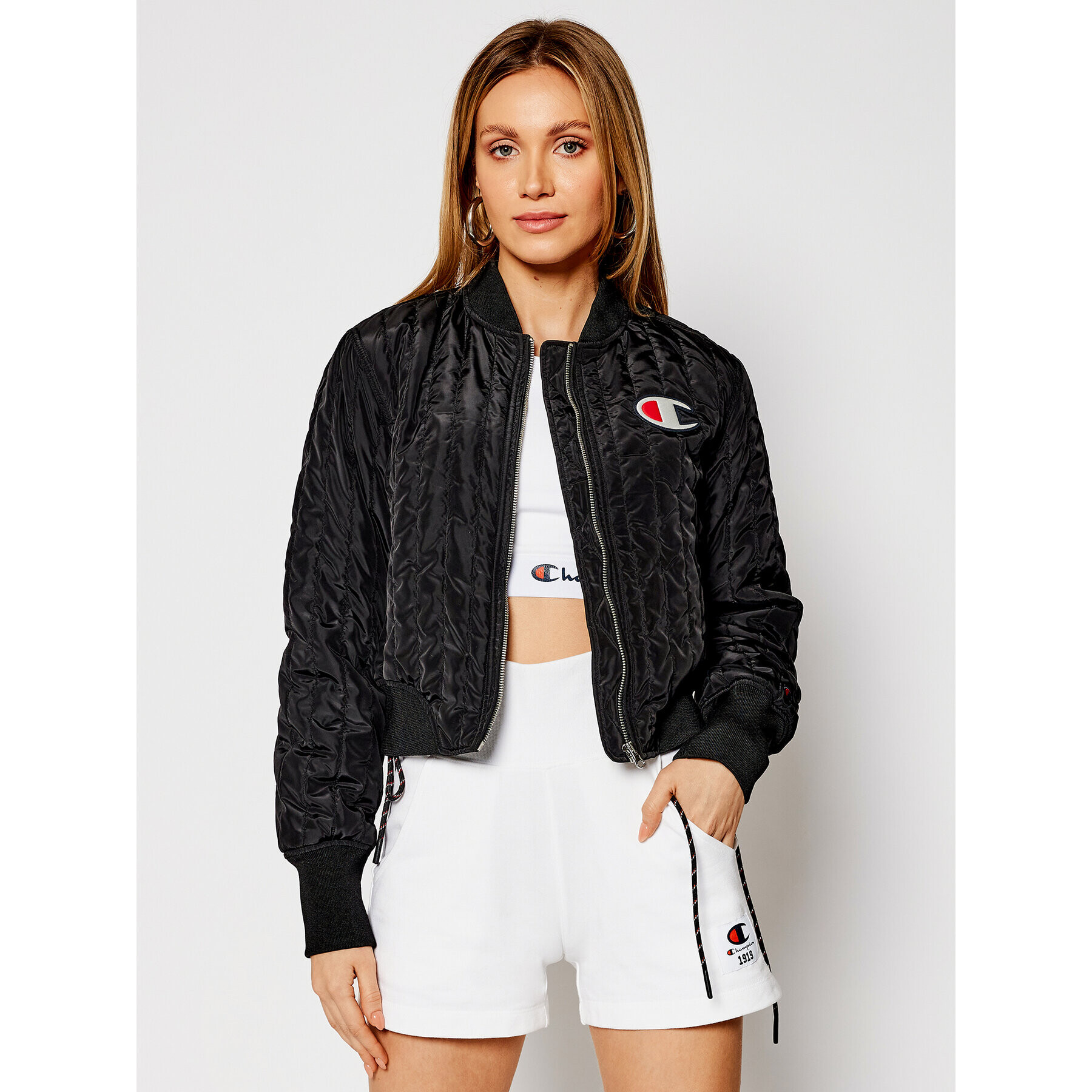 Champion Яке бомбър Textured Cropped 113039 Черен Custom Fit - Pepit.bg