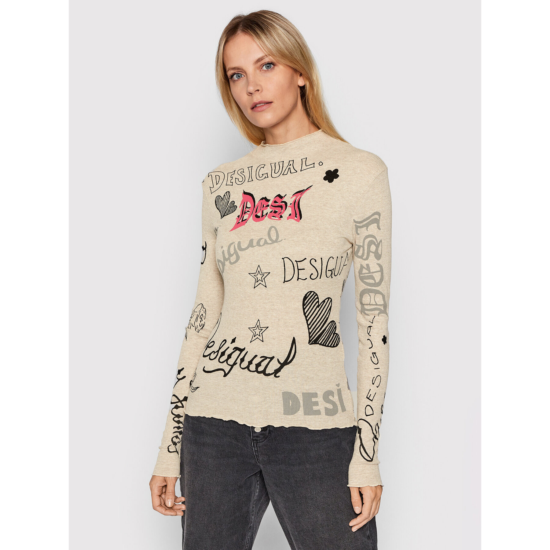 Desigual Блуза Lettering 21WWTKDR Бежов Slim Fit - Pepit.bg