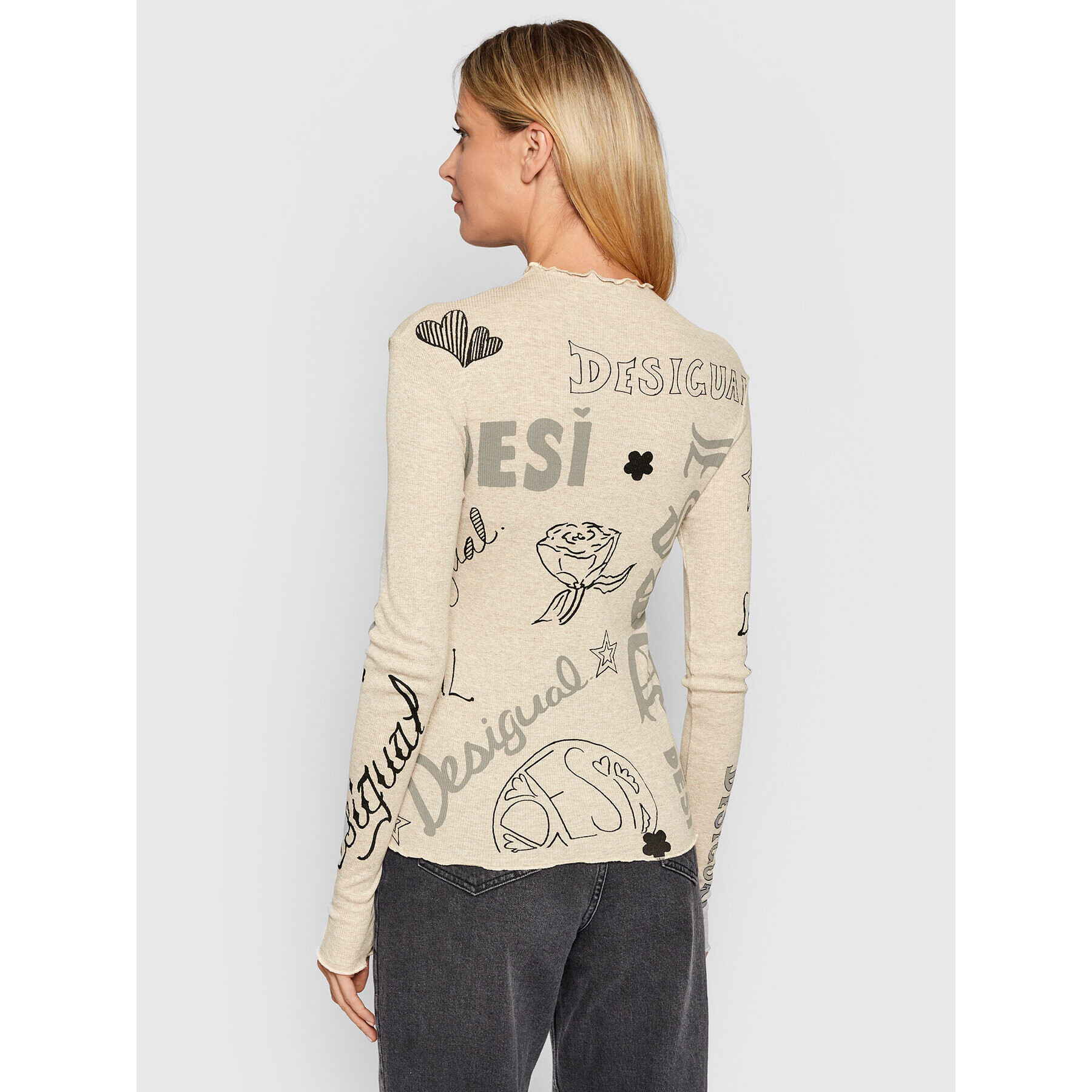 Desigual Блуза Lettering 21WWTKDR Бежов Slim Fit - Pepit.bg