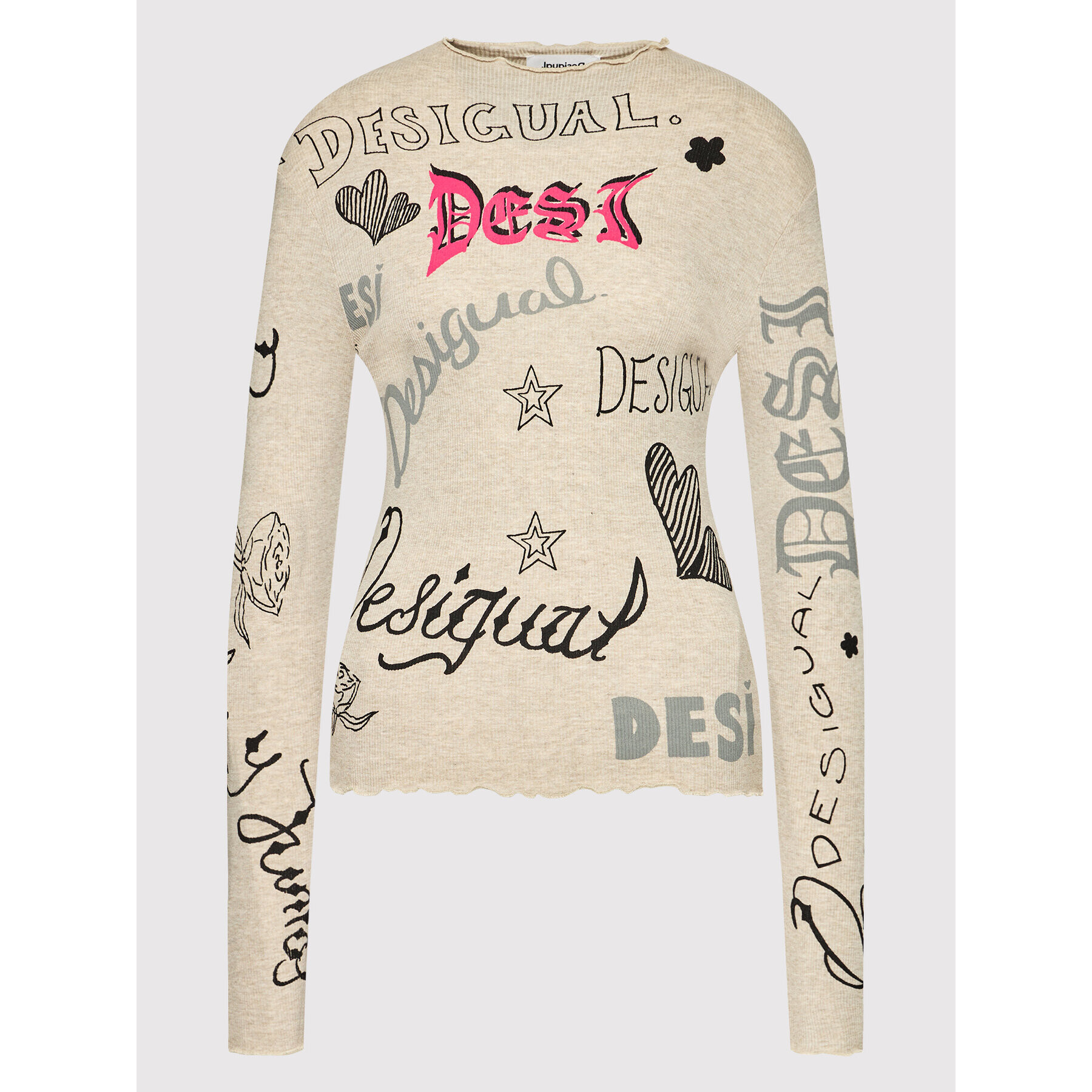 Desigual Блуза Lettering 21WWTKDR Бежов Slim Fit - Pepit.bg